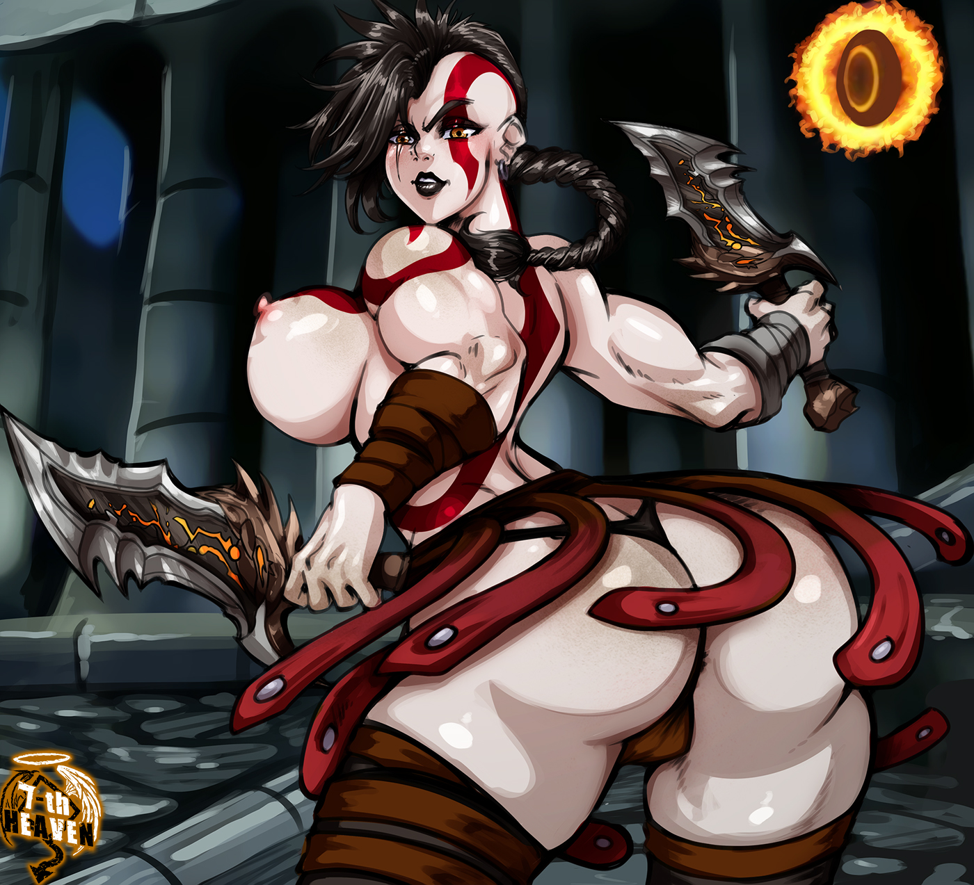 1girls, 2023, 7th-heaven, areolae, ass, big breasts, black hair, black lipstick, braid, breasts, brown eyes, earrings, female, female kratos, female only, genderswap, genderswap (mtf), god of war, hentai foundry, hentai-foundry, hi res, kratos, long hair, looking at viewer, looking back, looking back at viewer, muscular, muscular female, nipples, panties, public topless, rear view, rule 63, scar, scar across eye, solo, sony interactive entertainment, sword, thick ass, thick thighs, topless, topless female, weapon