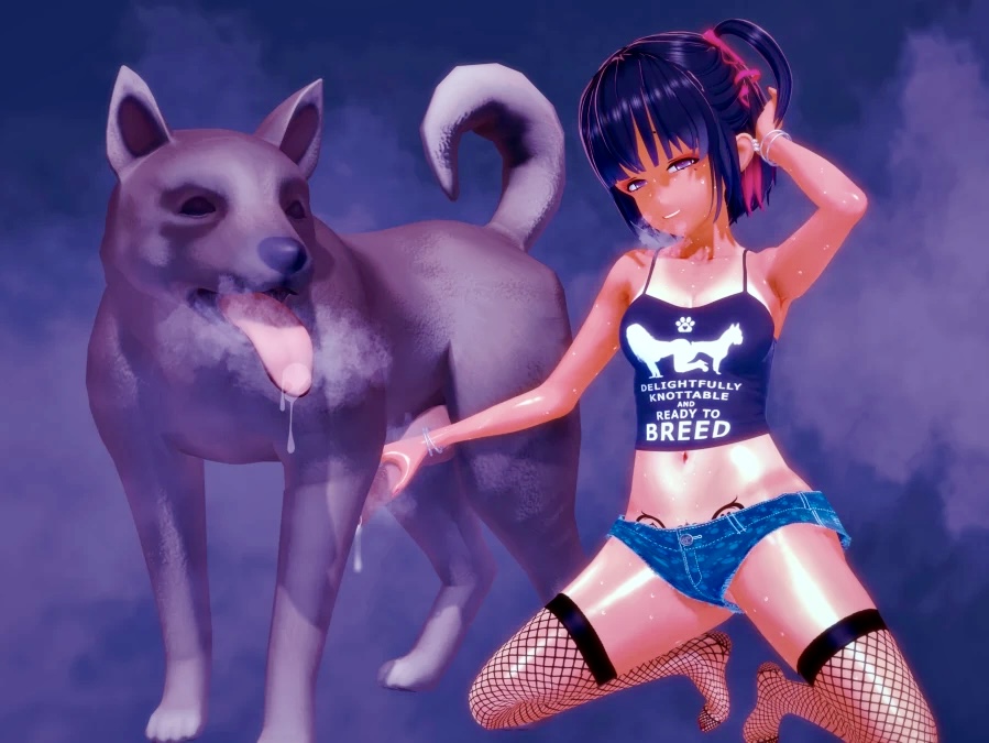 3d, bangs, black hair, bob cut, breasts, canine, canine on human, canine penis, eye contact, female, female on feral, feral, feral on female, feral on human, fishnets, handjob, human on feral, imminent bestiality, imminent sex, interspecies, koi yukino, leaking cum, leaking precum, legwear, looking at viewer, male, original, penis, precum, pubic tattoo, purple eyes, seductive, shirt, short shorts, skinny, small breasts, tan, tan lines, tan skin, tattoo, text, text on clothing, womb tattoo, zoophilia
