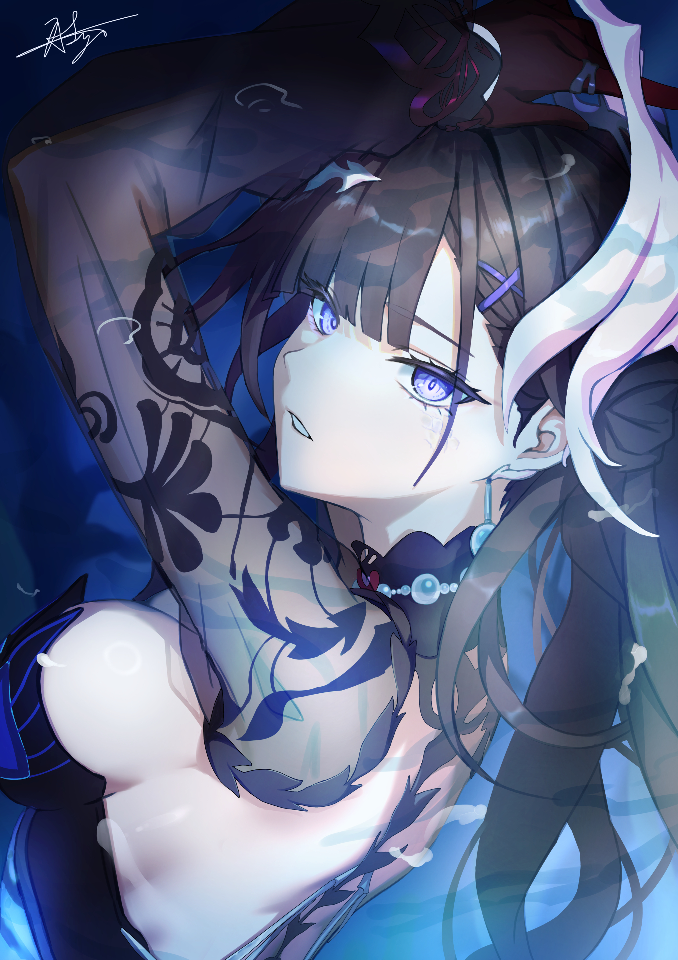 1girls, 7a4ys, armpits, arms up, black hair, breasts, female, honkai: star rail, hoyoverse, hysilens (honkai: star rail), long hair, mihoyo, purple eyes, sideboob