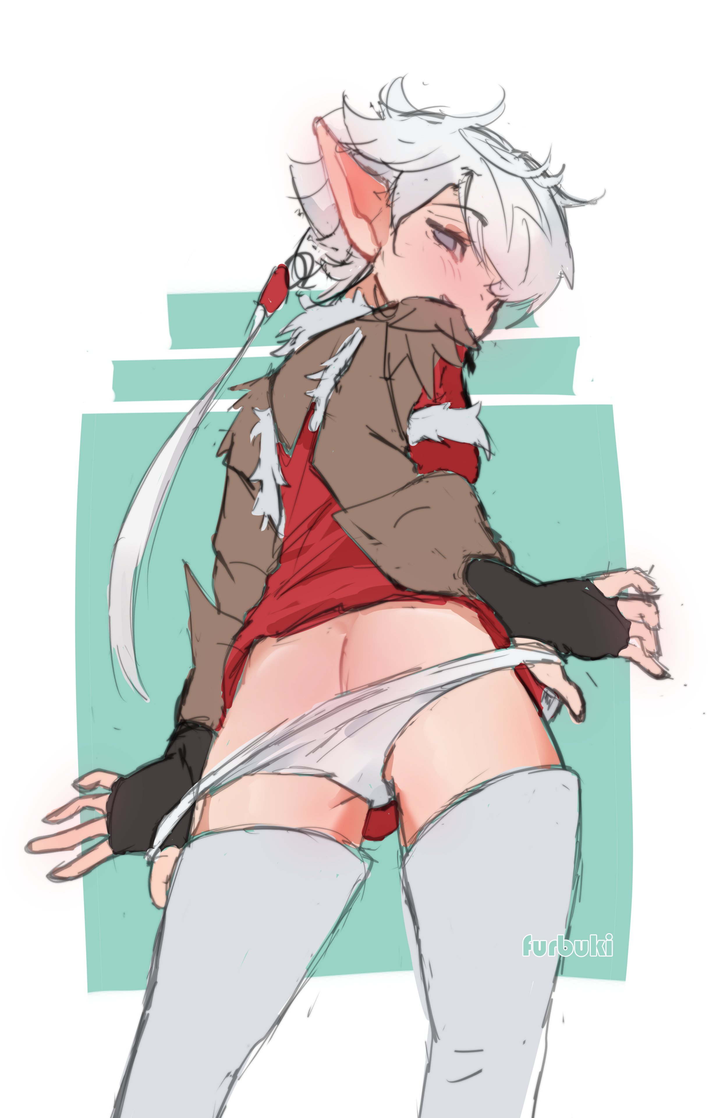1girls, alisaie leveilleur, ass, ass focus, blue eyes, blush, elezen, elf, elf ears, elf female, elf girl, female, final fantasy, final fantasy xiv, furbuki, gloves, looking at viewer, petite, petite body, petite female, ponytail, ribbon, smile, smiling, smiling at viewer, square enix, taking clothes off, taking off panties, underwear, undressing, white hair