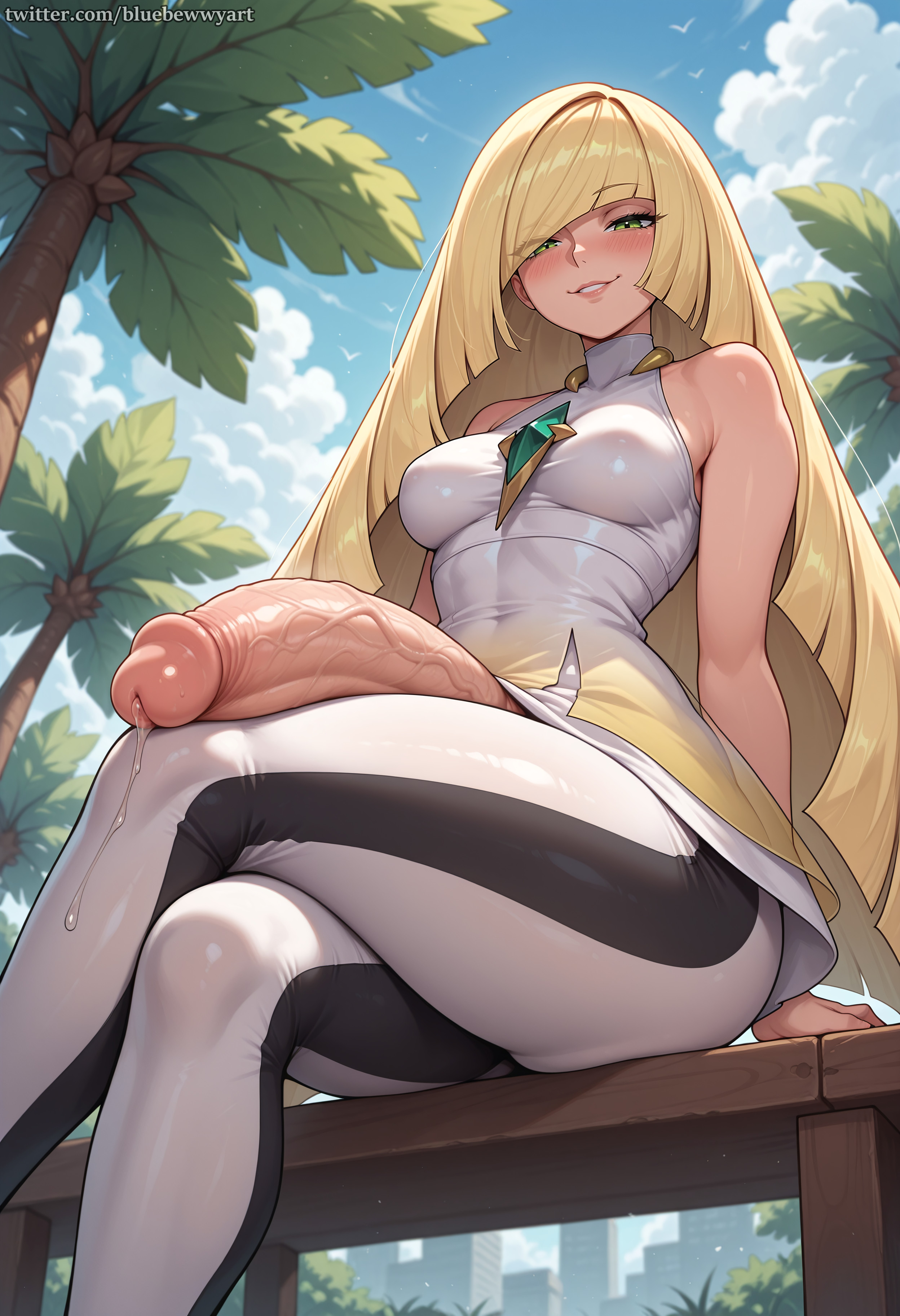 1futa, 1girls, ai generated, balls, big penis, blonde hair, bluebewwy, clothed, erection, female, futa only, futanari, green eyes, huge cock, intersex, leggings, long hair, looking at viewer, lusamine (pokemon), outdoors, penis, pokemon, pokemon sm, precum, precum drip, sitting, smile, solo, testicles, thick thighs, veiny penis