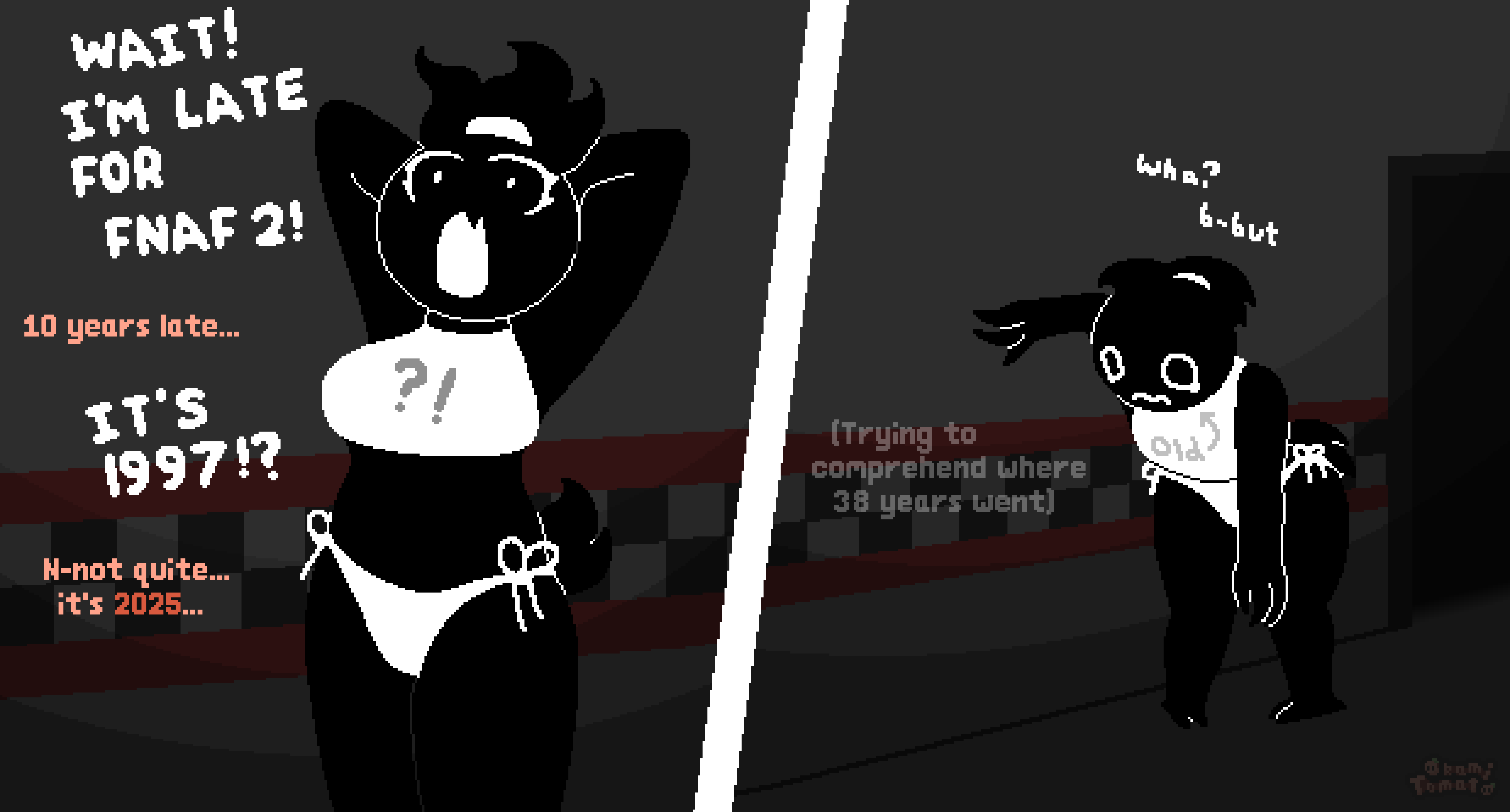 anthro, bikini, bikini bottom, chica (fnaf), chicken, comic, female, five nights at freddy's, five nights at freddy's 2, fnaf, fnaf 2, ghost, ghost girl, hairband, okami tomato, shadow chica (okami tomato), shadow toy chica, silly, solo, surprised, surprised expression, tail, toy chica (fnaf), white bikini, white bikini bottom, white eyes