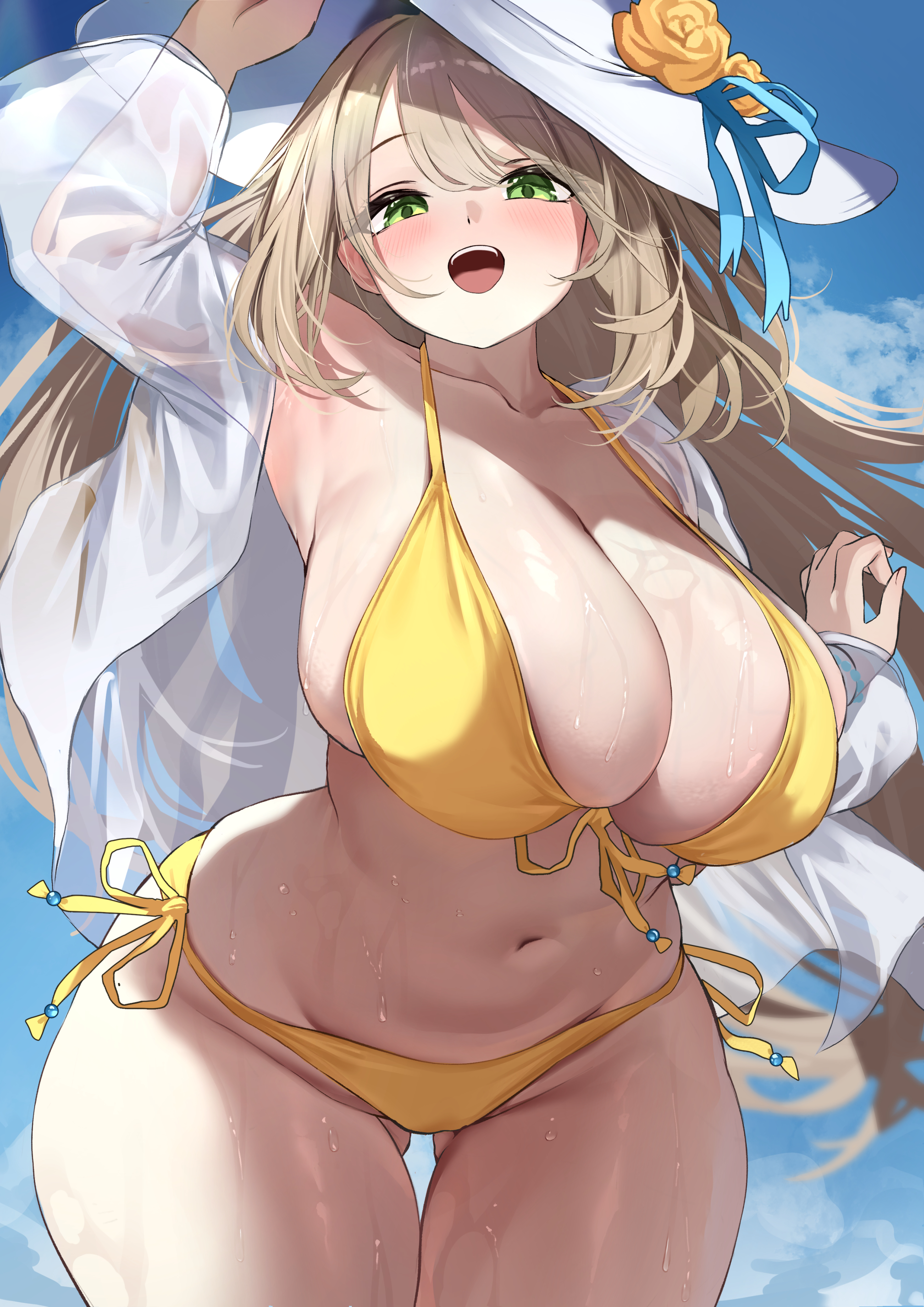 absurdres, abydos high school student, arm up, bikini, blue archive, blue sky, blush, breasts, brown hair, cleavage, cloud, cloudy sky, cowboy shot, day, female, flower, foreclosure task force (blue archive), front-tie bikini top, front-tie top, gluteal fold, green eyes, hat, hat flower, highres, huge breasts, long hair, long sleeves, looking at viewer, navel, nonomi (blue archive), nonomi (swimsuit) (blue archive), official alternate costume, open clothes, open mouth, open shirt, outdoors, plump, see-through clothes, see-through shirt, shirt, side-tie bikini bottom, skindentation, sky, smile, solo, stomach, sun hat, swimsuit, teeth, thick thighs, thighs, tol10131, upper teeth, very long hair, wet, white hat, white shirt, wide hips, yellow bikini, yellow flower