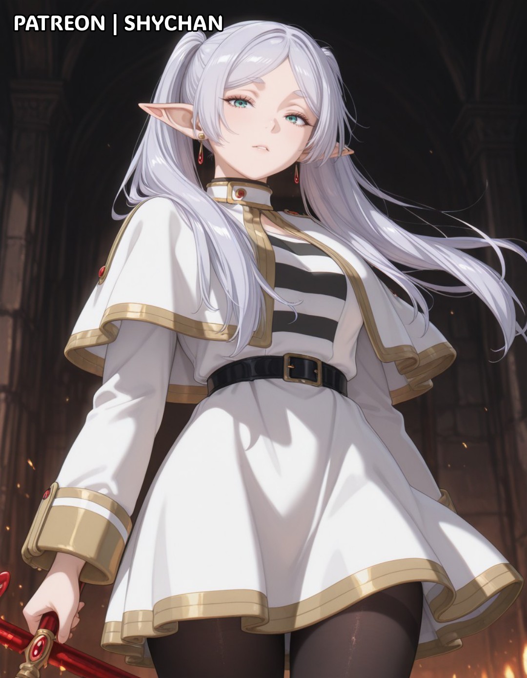 1girls, 2025, ai generated, breasts, capelet, curvaceous, curvy, curvy body, curvy female, curvy figure, earrings, elf, elf ears, elf female, female, female only, frieren, frieren beyond journey's end, green eyes, light skin, light-skinned female, looking at viewer, pale skin, pale-skinned female, pantyhose, patreon, patreon username, pointy ears, shychan, skirt, solo, solo female, solo focus, sousou no frieren, stable diffusion, thick thighs, thighs, twintails, white hair