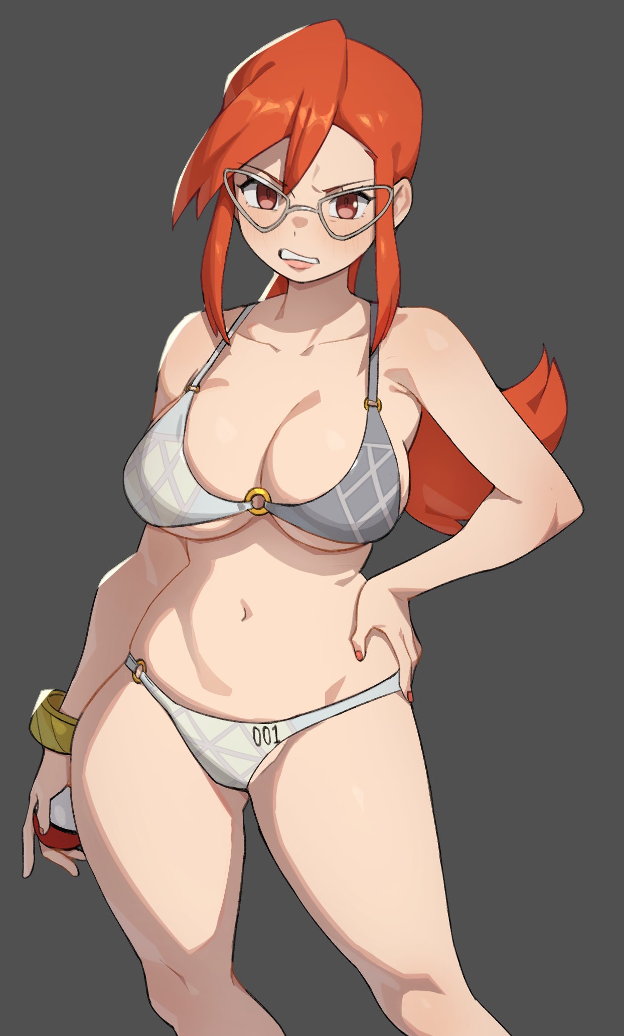 1girls, big breasts, bikini, female, female only, flowerpigeon73, game freak, glasses, grey background, hand on hip, hi res, light blush, long hair, looking at viewer, lorelei (pokemon), nintendo, o-ring, o-ring bikini, pokeball, pokemon, pokemon rgby, red eyes, red hair, simple background, solo, teeth clenched