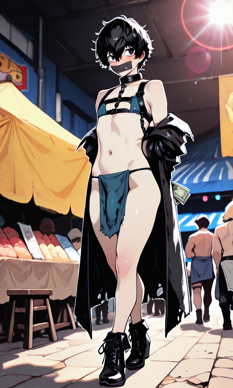 1boy ai_generated ass_focus auction black_eyes black_hair bondage bussy chains fat_ass feet femboy flat_chest gaped gaped_anus gay joker_(persona) looking_at_viewer male male_focus male_only nipples patreon penis persona persona_5 persona_5_royal rcos ren_amamiya restrained short_hair slave solo tagme thick_thighs trap yaoi