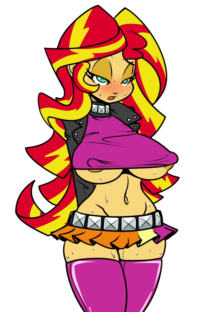 areolae blonde_hair blush breasts collar equestria_girls erect_nipples female female_only friendship_is_magic green_eyes huge_breasts human multicolored_hair my_little_pony nipples panting red_hair reiduran skirt slave solo standing sunset_shimmer sweat white_background