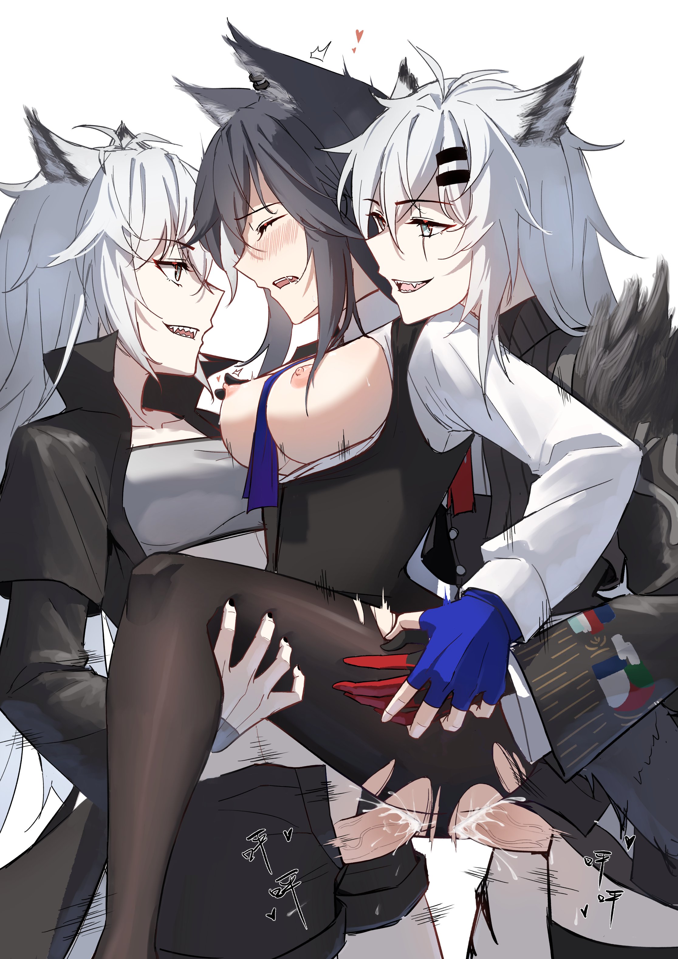 2futas, anal sex, animal ears, arknights, cum, dconan owo, double penetration, dual persona, female, futa on female, futanari, intersex, lappland (arknights), lappland the decadenza (arknights), pussy, ripped clothing, texas (arknights), vaginal penetration