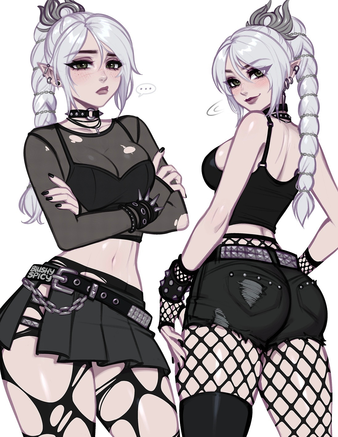 1girls, athletic, athletic female, baldur's gate, baldur's gate 3, black clothing, blushypixy, blushyspicy, dungeons and dragons, elf, female, female only, fishnet legwear, fishnets, forgotten realms, goth, goth fashion, goth girl, gothic, gothic girl, half-elf, light skin, light-skinned female, looking at viewer, looking back, looking back at viewer, miniskirt, pale skin, pale-skinned female, pantyhose, revealing clothes, ripped pantyhose, shadowheart, shadowheart (baldur's gate), short shorts, short skirt, shorts, single thighhigh, skirt, solo, urban fashion, white hair