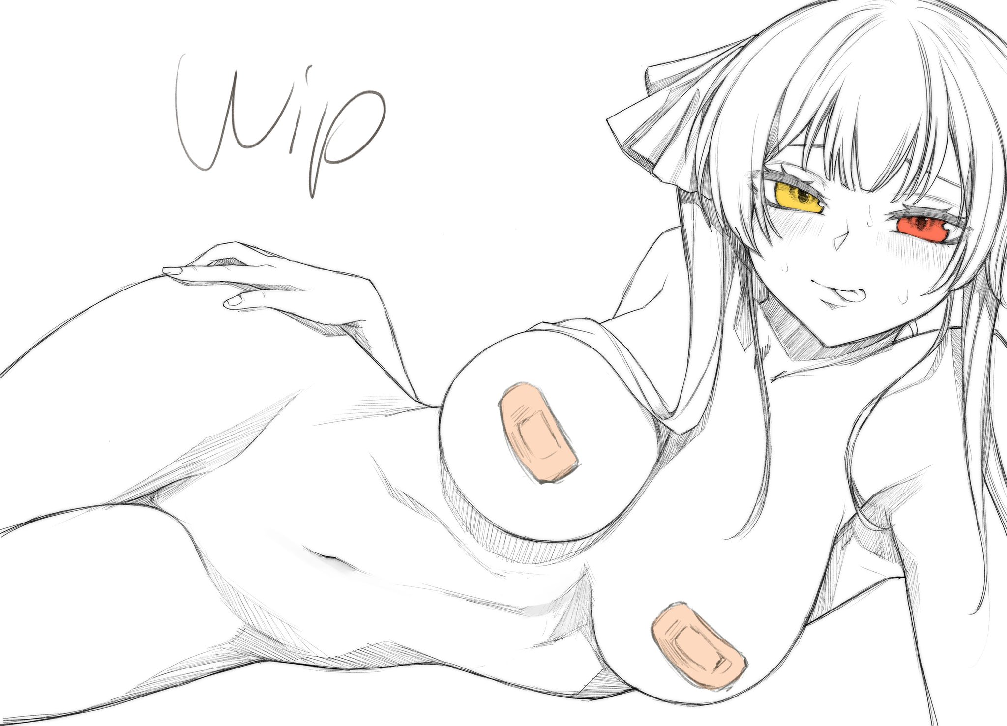bandaid, bandaids on nipples, breasts, female, heterochromia, hololive, hololive fantasy, hololive japan, houshou marine, large breasts, red hair, senukin (artist), solo, virtual youtuber