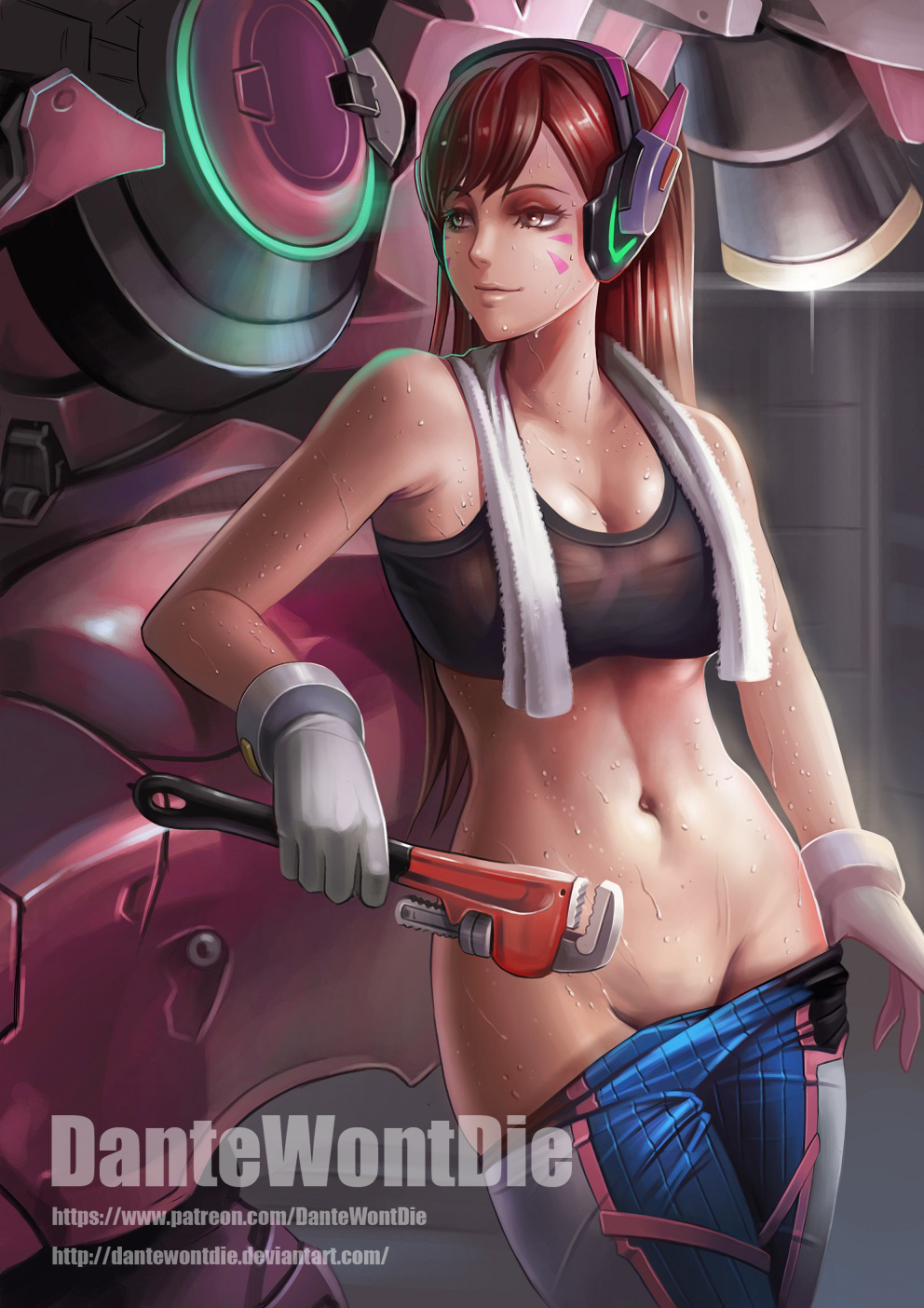 1girls brown_eyes brown_hair cleavage covered_breasts d.va dantewontdie female female_only headset long_hair mechanic meka navel overwatch pants_down pants_pull shaved_pussy solo sports_bra sweat thighs towel undressing whisker_markings wrench