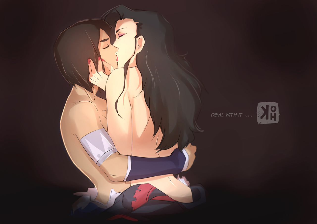 2girls, asami sato, avatar legends, black hair, brown hair, canon couple, closed eyes, clothing, dark skin, dark-skinned female, english text, female, female only, interracial, kendaoh, kissing, korra, short hair, smooth skin, text, the avatar, the legend of korra, topless, water tribe, yuri