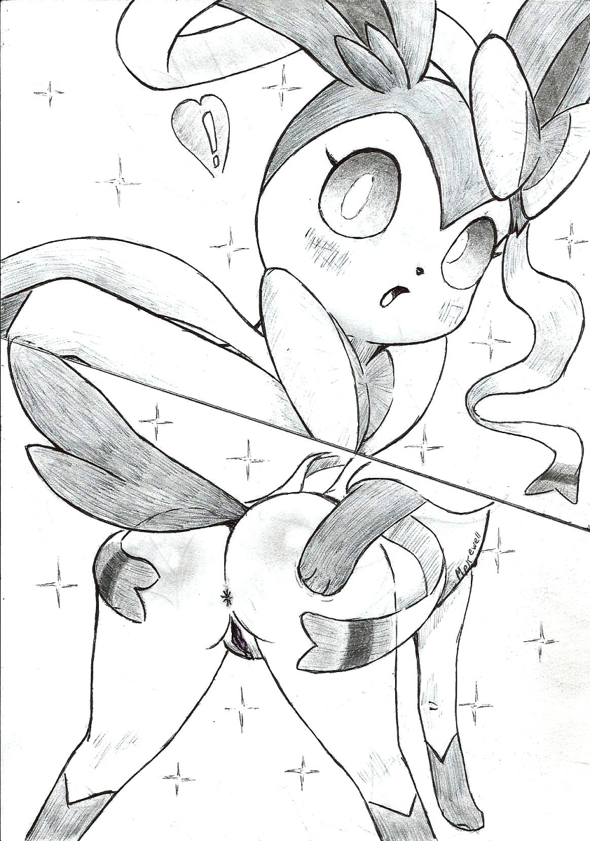 ! anus ass black_and_white blush bow drawing eeveelution female feral fullfolka heart hi_res looking_at_viewer monochrome nintendo open_mouth paws pokemon presenting presenting_anus presenting_pussy pussy raised_tail simple_background solo sylveon video_games