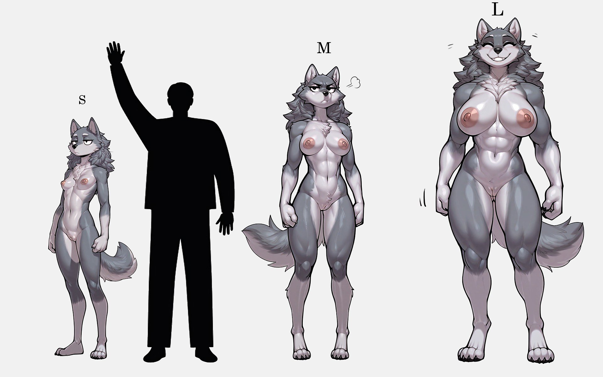 1boy, 1girls, 2025, abs, ai generated, anthro, anthro female, athletic anthro, athletic female, big breasts, bigger female, breasts, canid, canine, canis, chart, claws, completely nude, female, furry, grey fur, larger anthro, larger female, male, mammal, medium breasts, multicolored fur, muscular, muscular anthro, navel, nude, nude female, original, pink nipples, plump labia, shorter female, shorter male, size chart, size comparison, size difference, small breasts, smaller female, smaller male, smiling, taller anthro, taller female, thin female, thin waist, tuft, wheel of fortune (artist), white fur, wolf, wolf girl