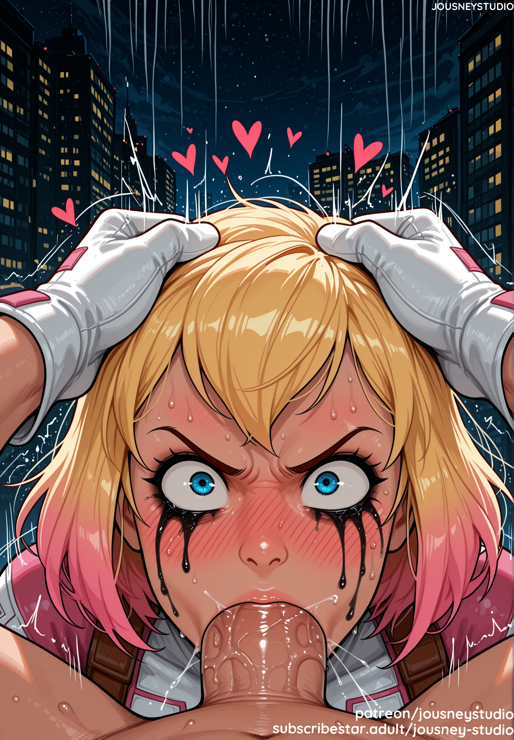 :>=, 1boy, ai generated, angry, bangs, blonde hair, blue eyes, blush, bodily fluids, bodysuit, building, city, clothing, colored tips, crying, deepthroat, english language, english text, erection, fellatio, female, freckles, gloves, gradient hair, gwen poole, gwenpool, head grab, heart, heart-shaped pupils, irrumatio, jousneystudio, large penis, light skin, light-skinned female, looking at viewer, male, male pov, marvel, marvel comics, multicolored hair, night, nose blush, nude, oral, outdoors, penis, pink hair, saliva, sex, short hair, sky, solo focus, superhero, sweat, symbol-shaped pupils, tears, text, trembling, two-tone hair, v-shaped eyebrows, veins, veiny penis, white gloves