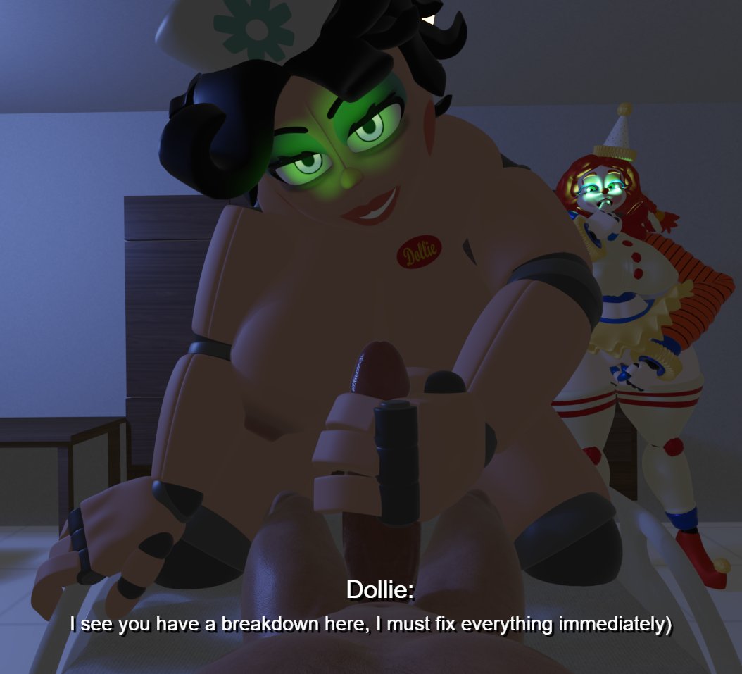 1boy, 2girls, 3d, animatronic, animatronic female, background character, clothed male, clothed male nude female, clown, clown girl, clown makeup, female, five nights at freddy's, five nights at freddy's: secret of the mimic, jackie (fnaf), jackie (mishuuyu), looking at viewer, male, masturbation, mishuyuu (modeler), nude, nude male, nurse, nurse cap, nurse dollie (fnaf), nurse dollie (nightbotgrey), offscreen character, offscreen male, robot, robot girl, secret of the mimic, standing masturbation, straight