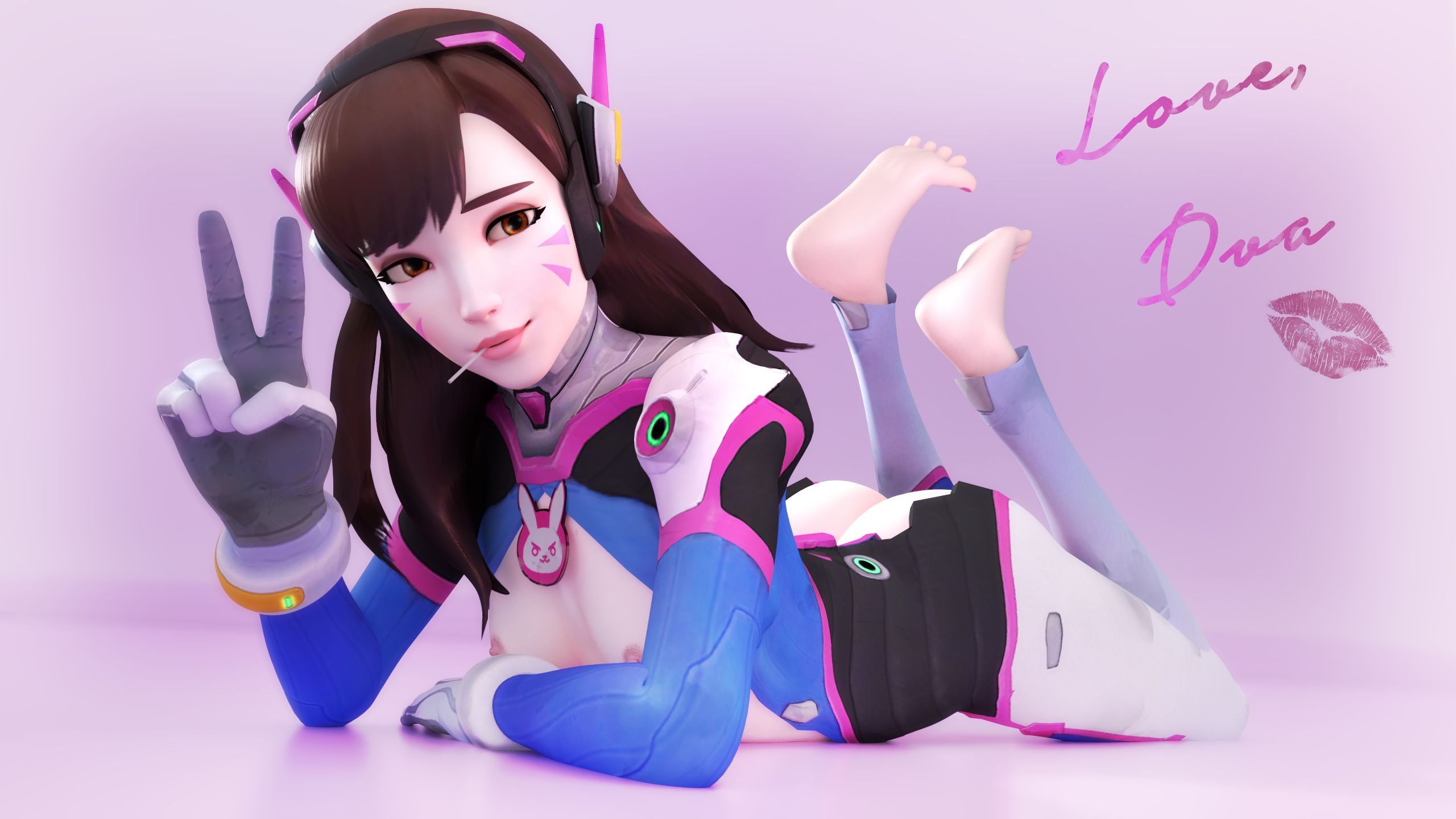 3d, ass, barefoot, bodysuit, breasts, brown hair, colonelyobo, d.va, feet, female, female only, functionally nude, kiss mark, lipstick mark, looking at viewer, overwatch, small breasts, solo, text, the pose, whisker markings