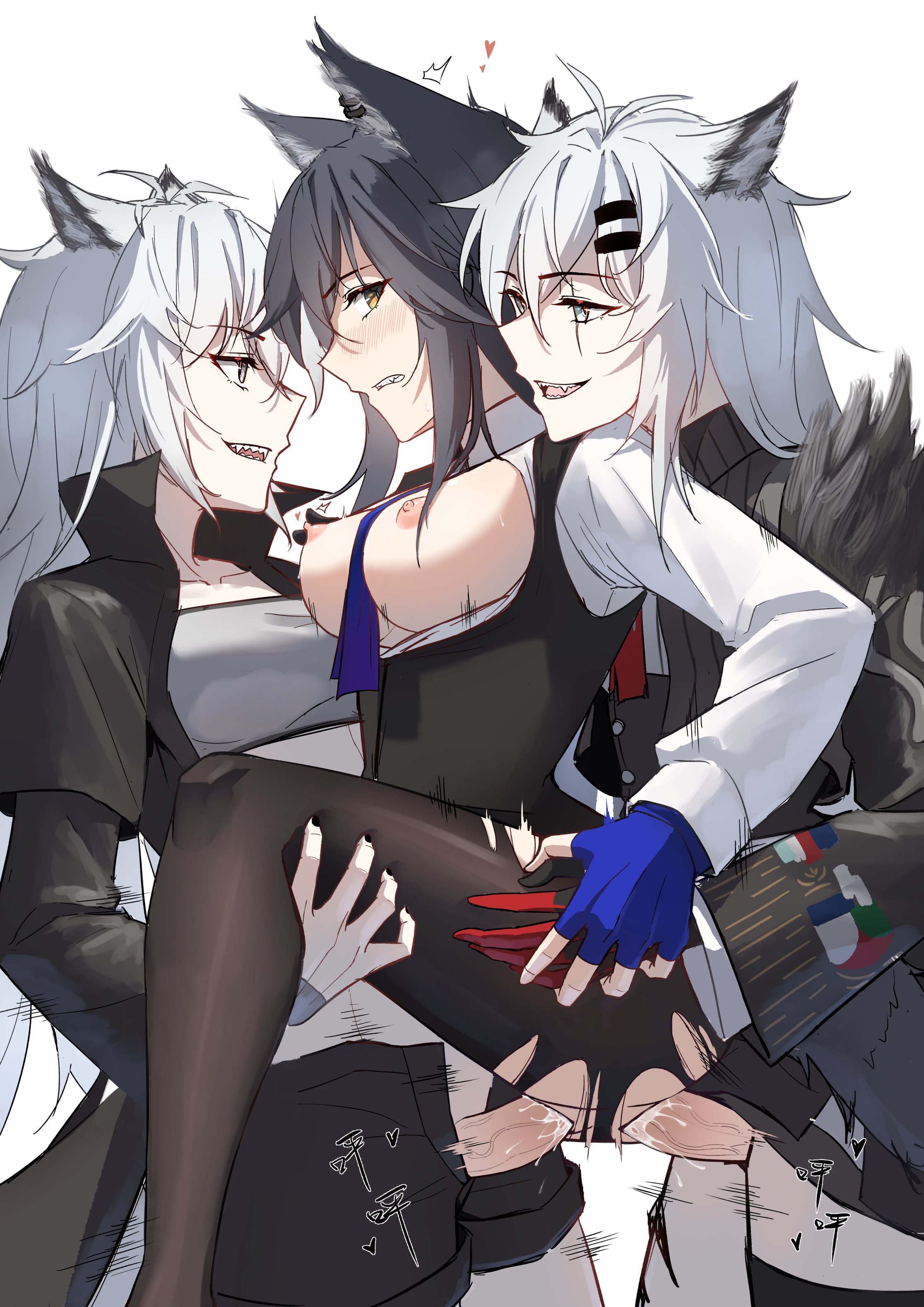 2futas, anal sex, animal ears, arknights, dconan owo, double penetration, dual persona, female, futa on female, futanari, intersex, lappland (arknights), lappland the decadenza (arknights), pussy, ripped clothing, texas (arknights), vaginal penetration