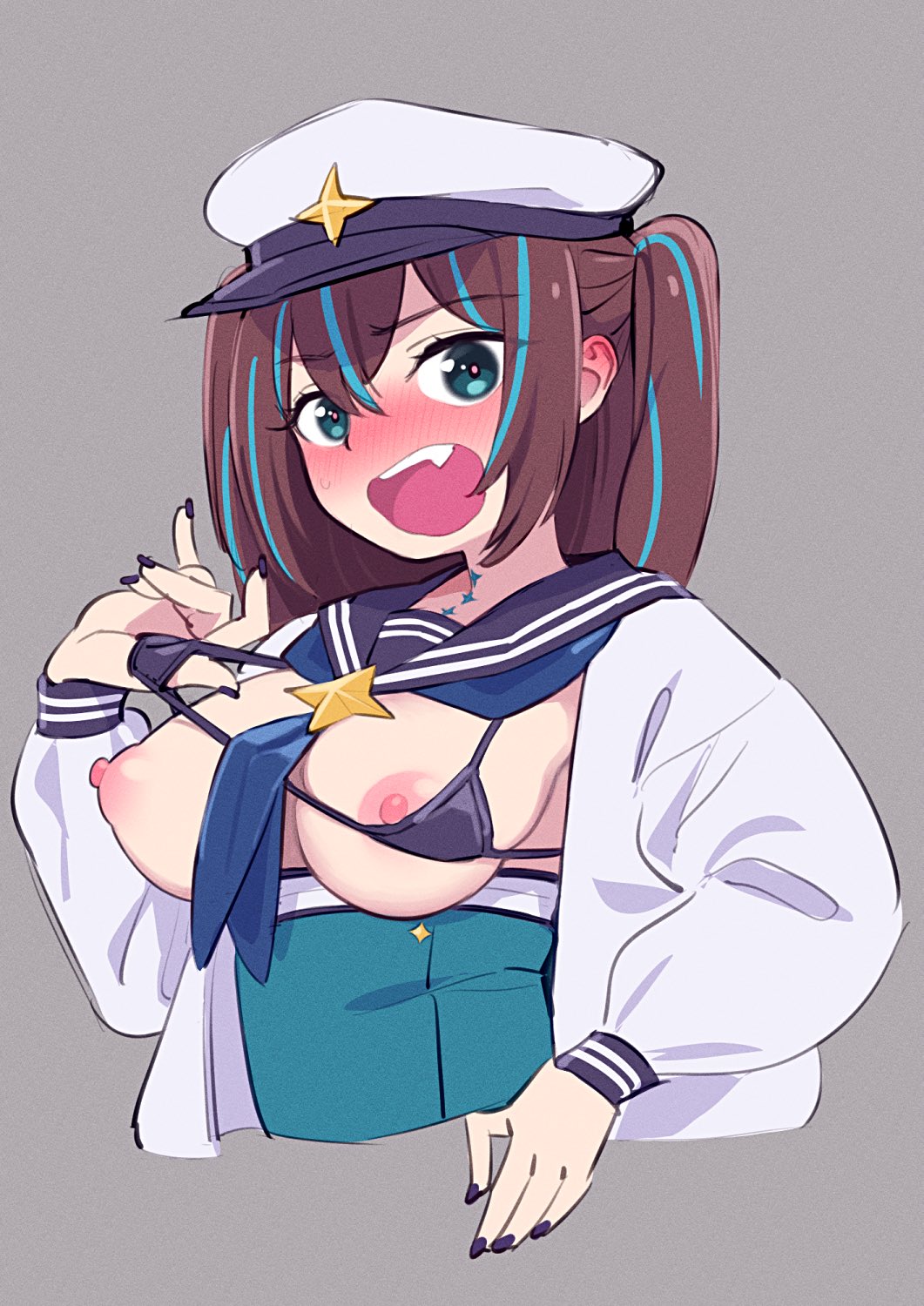 1girls, akoya matama, blush, breasts, brown hair, female, female only, light skin, light-skinned female, loco musica, magical girl, mahou shoujo ni akogarete, micro bikini, multicolored hair, nipples, painted nails, solo, ucockay, ukokkei, upper body