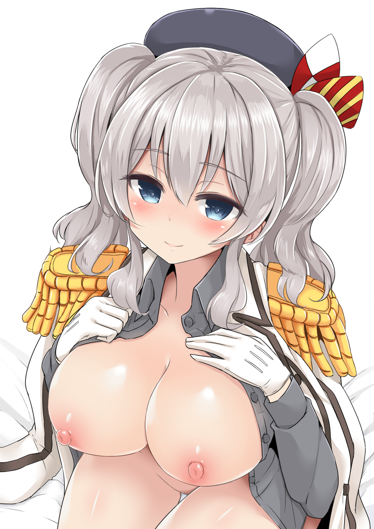 beret blue_eyes blush bottomless breasts employee_uniform epaulettes female frilled_sleeves frills gloves hat kantai_collection kashima_(kantai_collection) large_breasts looking_at_viewer military military_uniform mitsukazu_(nijigen_complex) nipples open_clothes open_shirt shirt silver_hair smile tied_hair twintails uniform wavy_hair white_gloves