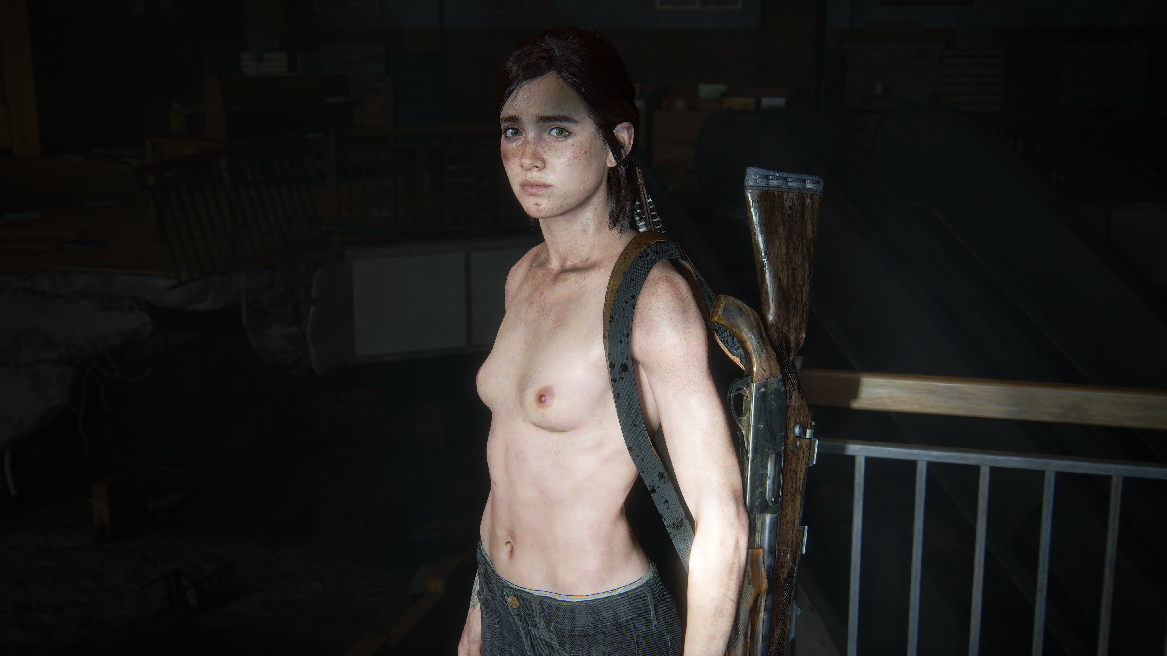 1girls, 3d, accurate art style, athletic female, breasts, brown hair, casual, clothing, d, ellie (the last of us), ellie williams, etailed background, female, female only, firearm, gun, hair, human, jeans, nipples, nude filter, nude mod, official style, pale skin, pants, pants only, realistic, rifle, screencap, shirtless, skinny, slim, small breasts, solo, standing, standing1girls, tattoo, the last of us, the last of us 2, tomboy, toned, toned female, topless, topless jeans, video games, vyet3d, weapon