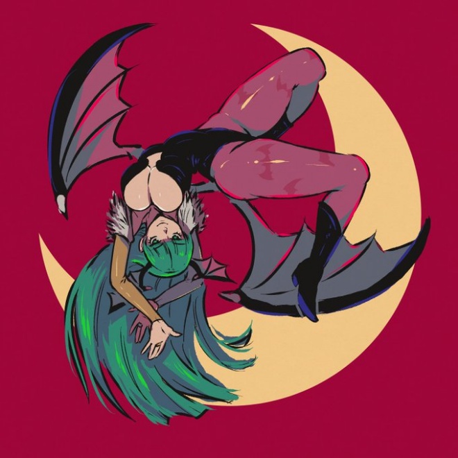 akairiot, animal print, bat print, bat wings, breasts, cleavage, darkstalkers, demon, demon girl, female, gloves, green eyes, green hair, head wings, large breasts, leotard, long hair, morrigan aensland, pantyhose, print legwear, solo, succubus, wings