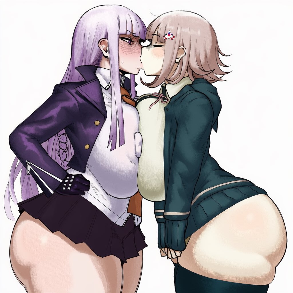 2girls, ai art, ai generated, artist request, big ass, big breasts, big butt, big thighs, breasts, breasts pressed against another, closed eyes, clothed, clothed female, curvaceous, curvaceous female, curvaceous figure, curvy, curvy body, curvy female, curvy figure, curvy hips, danganronpa, danganronpa 2: goodbye despair, danganronpa 2x2, embarrassed, embarrassed female, female, female only, hair ornament, kirigiri kyouko, kissing, lavender hair, long hair, multiple females, multiple girls, nanami chiaki, pink hair, short hair, voluptuous, voluptuous body, voluptuous female, wide hips, wide thighs, yuri
