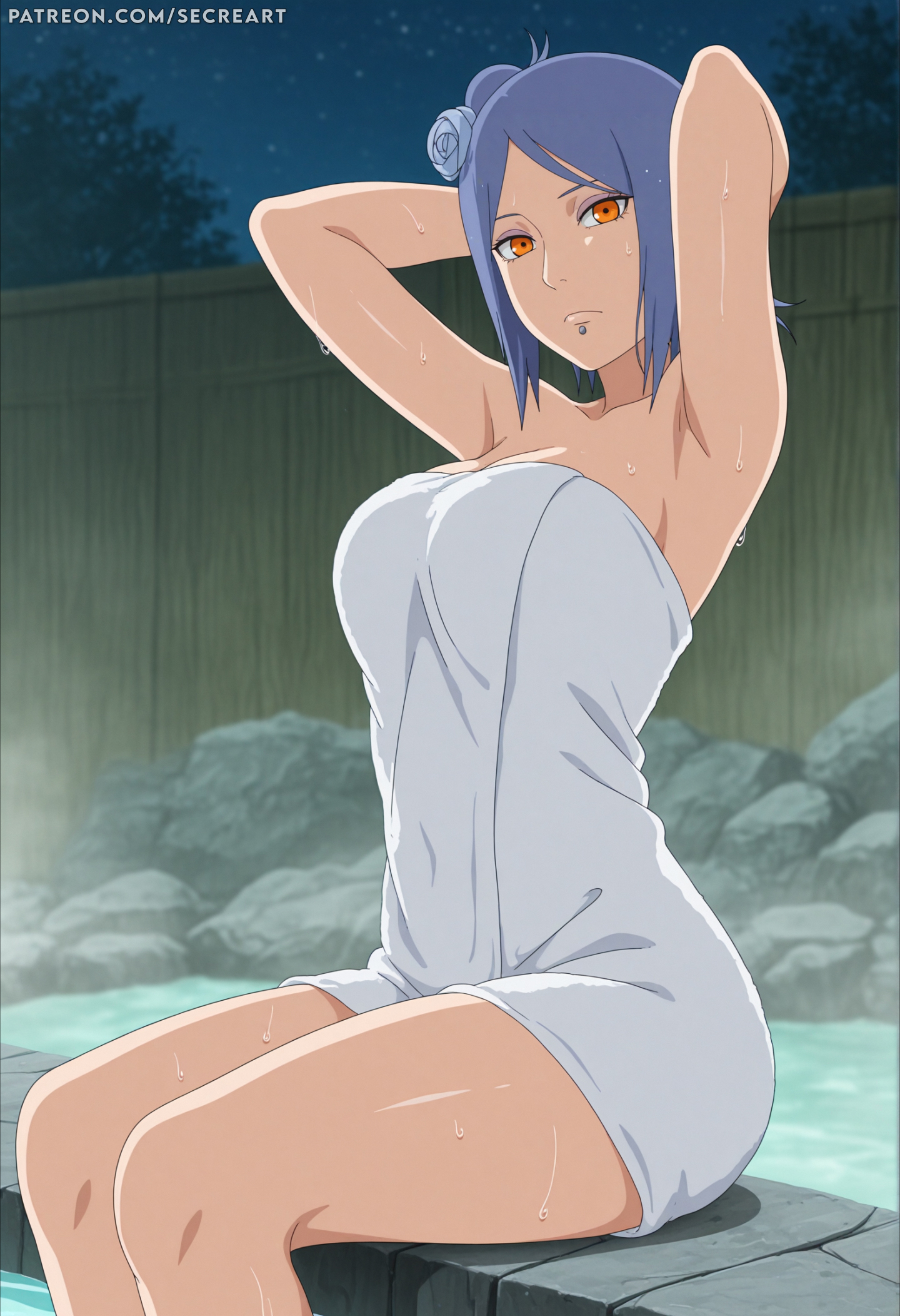 1girls, ai generated, arms behind head, arms up, barely clothed, bathhouse, big breasts, blue hair, breasts, breasts out, exposed breasts, female, female focus, flower, flower in hair, hair ornament, hot spring, konan, large breasts, long hair, looking at viewer, naruto, naruto (series), naruto shippuden, onsen, orange eyes, outdoors, partially submerged, presenting, presenting breasts, secreart, seductive, seductive eyes, seductive look, sitting, solo, steam, towel, towel only, upper body, voluptuous, water, wet, wet body