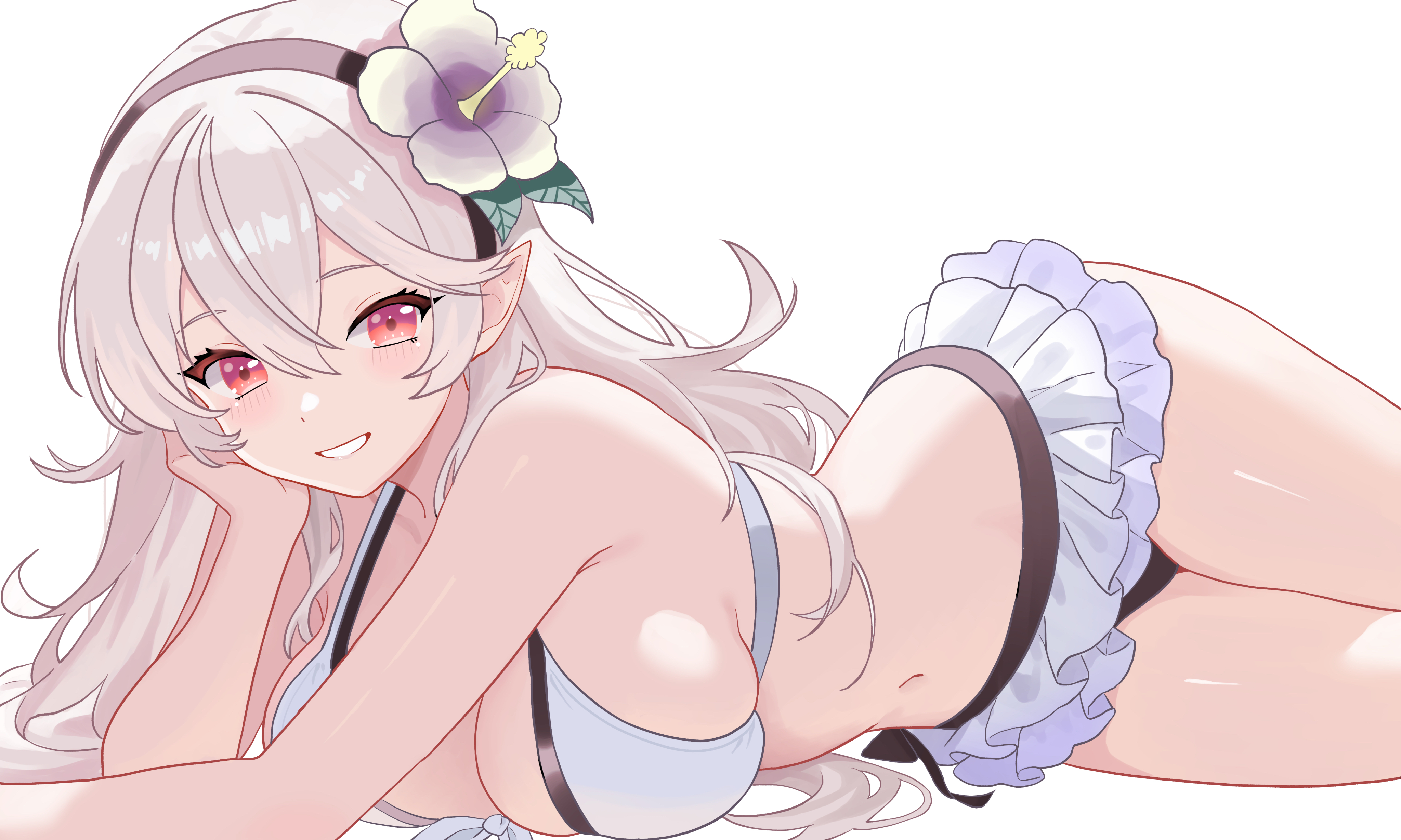 1girls, absurd res, alluring, bare arms, bare shoulders, big breasts, bikini, bikini skirt, black hairband, breast press, cleavage, corrin (fire emblem), corrin (fire emblem) (female), corrin (summer) (fire emblem) (female), fire emblem, fire emblem fates, fire emblem heroes, fire emblem warriors, flower, grey hair, grin, hair between eyes, hair flower, hair ornament, hairband, halterneck, head rest, high res, intelligent systems, long hair, looking at viewer, lying, n 54, navel, nintendo, official alternate costume, on stomach, pointy ears, red eyes, sideboob, simple background, skindentation, skirt, smile, stomach, swimsuit, thighs, white background, white bikini, white skirt