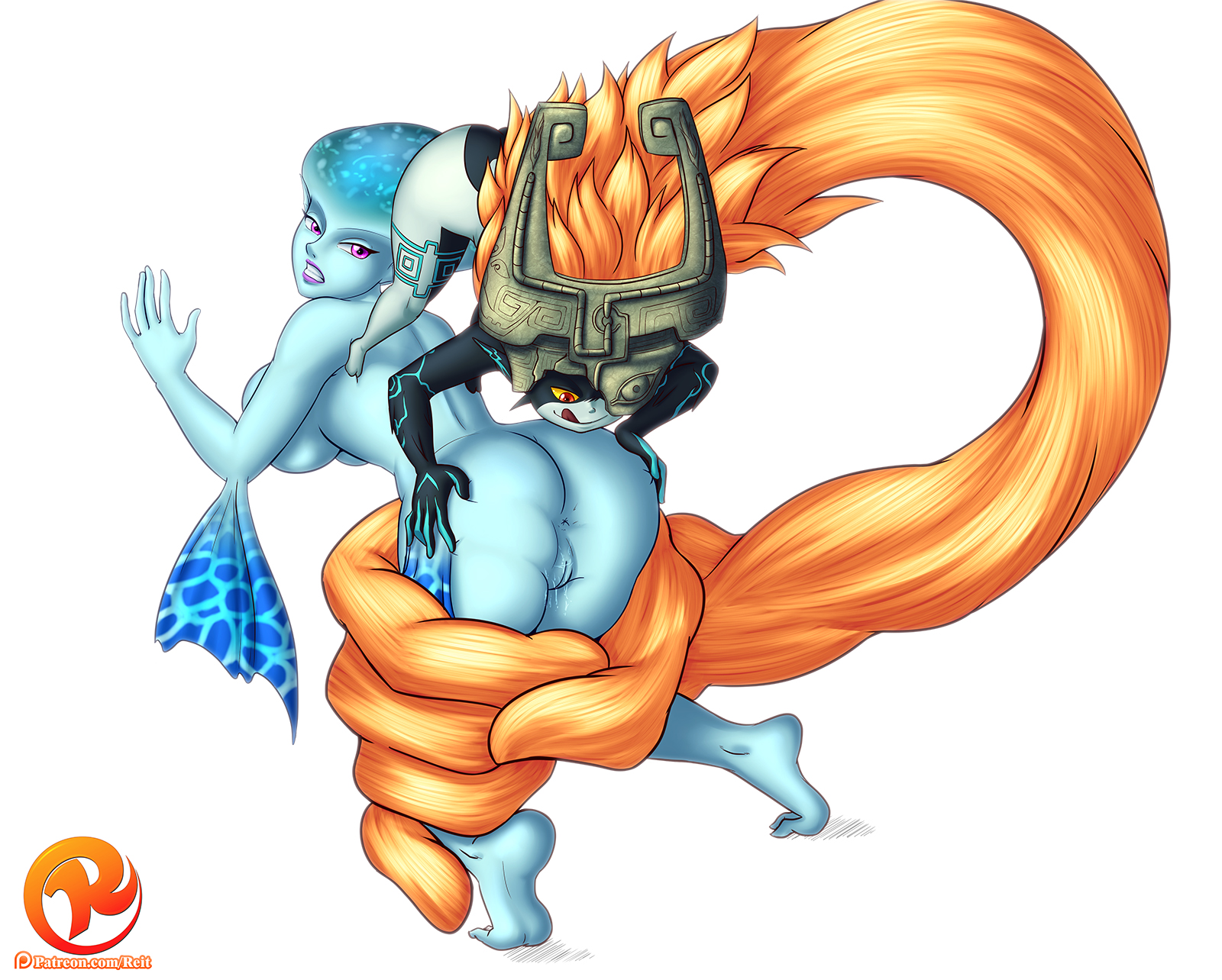 anus, artist logo, ass, bad link, big breasts, black skin, blue skin, breasts, female, female only, fin, fish girl, grabbing ass, imminent sex, imp midna, interspecies, licking lips, midna, nude, ocarina of time, orange hair, patreon logo, patreon url, ponytail, prehensile hair, princess ruto, purple eyes, pussy, red eyes, reit, restrained, sakurakasugano, sideboob, size difference, the legend of zelda, thick thighs, twilight princess, very long hair, white skin, yellow sclera, yuri, zora