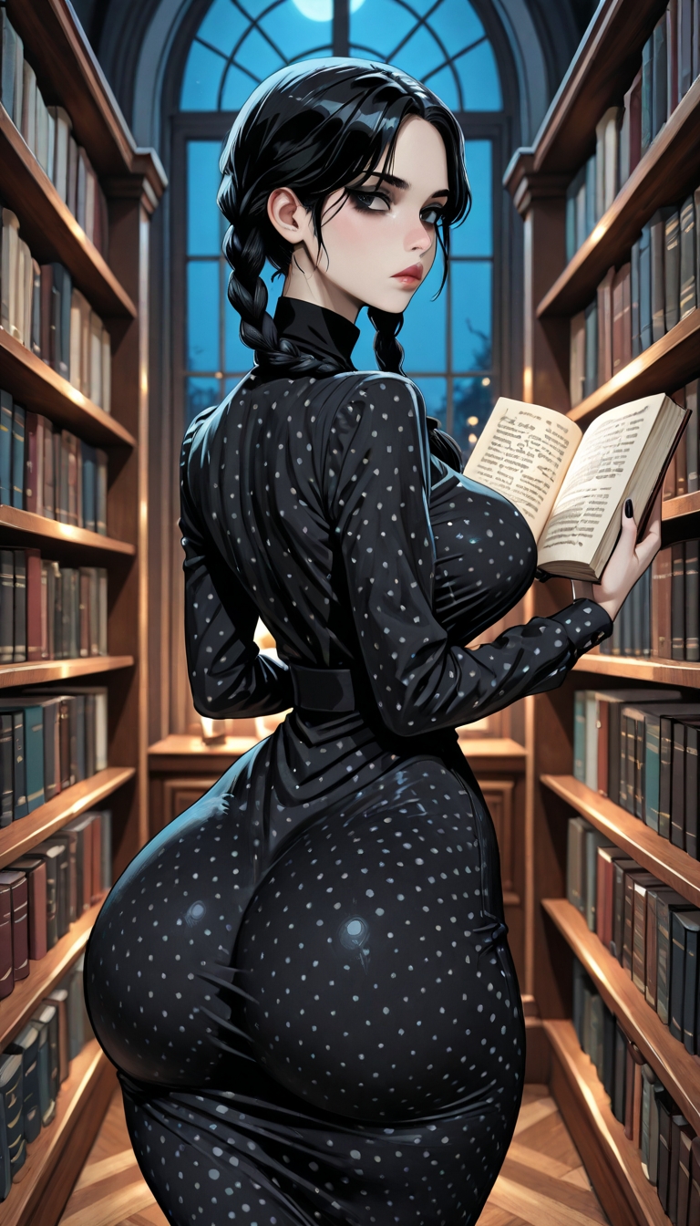 1girls, ai generated, ass, ass focus, big ass, big breasts, bimbo, bimbo body, black dress, breasts, female, female only, goth, goth girl, gothic, huge ass, jenna ortega, large ass, large breasts, library, light-skinned female, nerd, night, solo, the addams family, twin braids, wednesday (netflix), wednesday addams