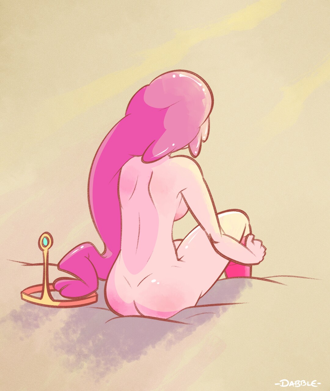 adventure time, back view, dabble, female, nude, princess bubblegum, sitting, solo