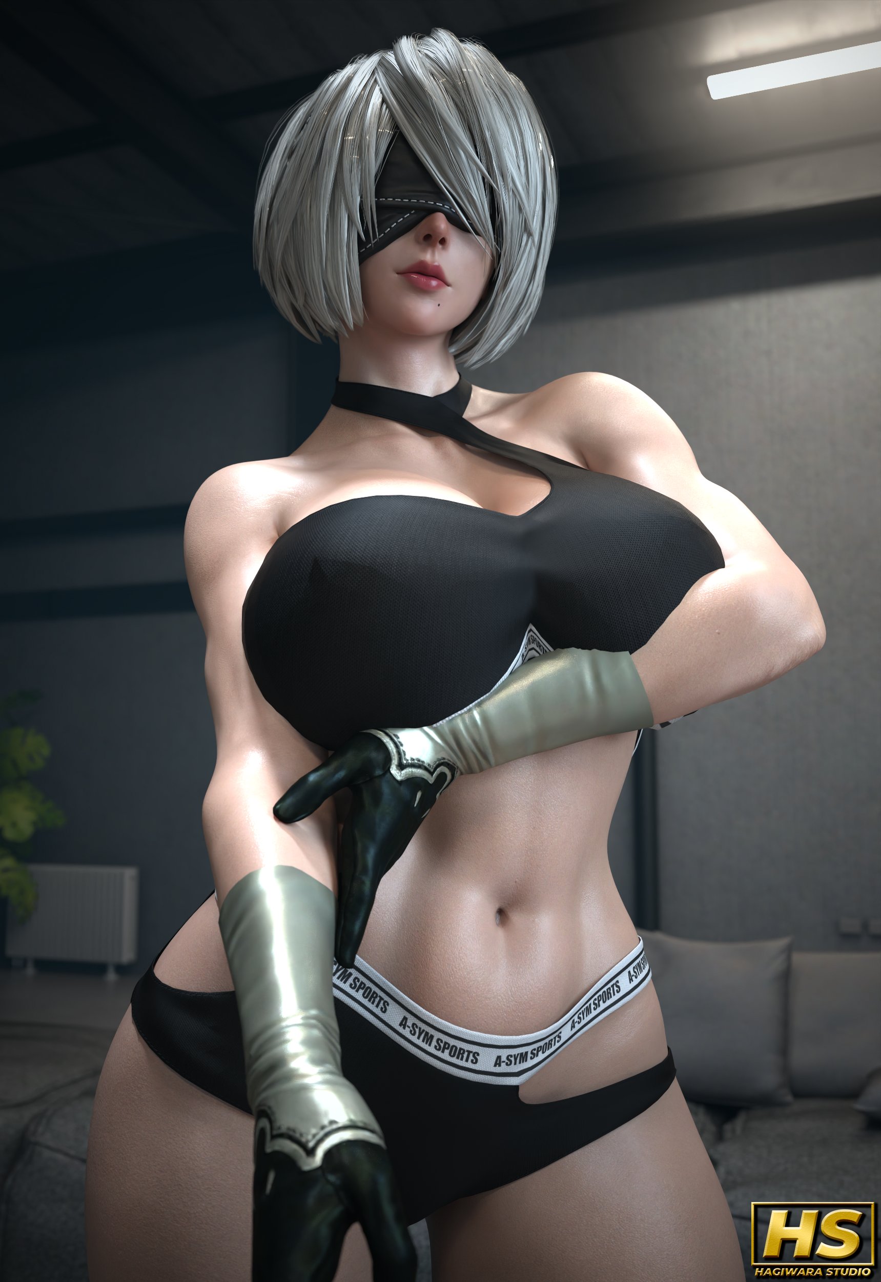 1girls, 2025, 3d, 3d (artwork), android, ass, athletic, athletic female, bare shoulders, beauty mark, beauty mark under mouth, belly, belly button, big ass, big breasts, big butt, black bra, blindfold, bob cut, bra, breasts, busty, cleavage, color, colored, curvaceous, curves, curvy, curvy body, curvy female, curvy figure, fanart, female, femme fatale, full color, gloves, hagiwara studio, hairband, hips, huge breasts, large ass, large breasts, large butt, light skin, light-skinned female, looking at viewer, mole, mole under mouth, nier: automata, panties, platinum games, short hair, smile, smiling, smiling at viewer, sports bra, sports panties, sportswear, stomach, thick thighs, thighs, titties, video game, video game character, video game franchise, video games, white hair, yorha 2b