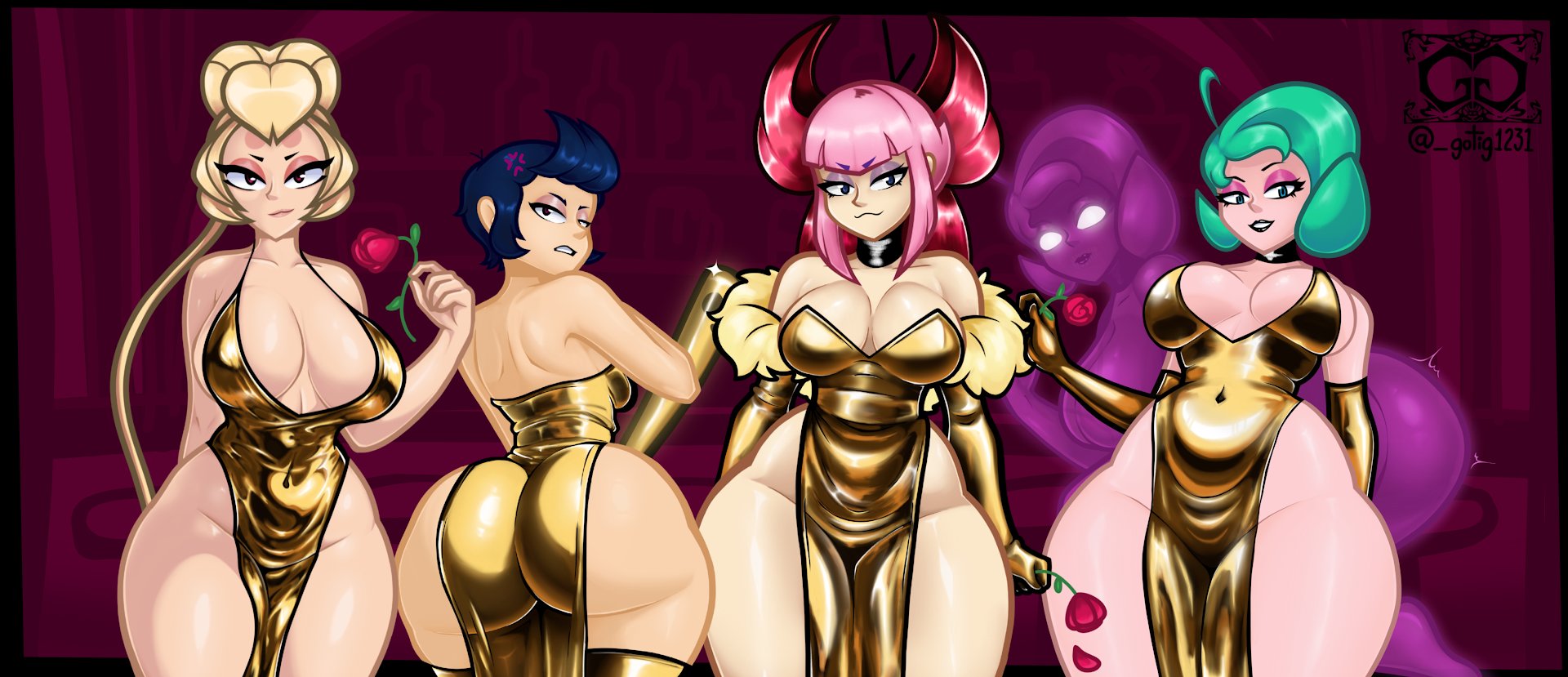 4girls, almost naked, almost nude, annoyed, annoyed expression, ass, ass focus, barely clothed, bedroom eyes, bibi (brawl stars), big ass, big breasts, black hair, black lipstick, blonde female, blonde hair, brawl stars, bubble ass, bubble butt, busty, busty female, charlie (brawl stars), clone, curvy, curvy figure, fat ass, female, female only, gotig1231, green hair, holding object, huge ass, huge breasts, large ass, large breasts, large butt, light-skinned male, lola (brawl stars), melodie (brawl stars), milf, mommy, pink hair, rose (flower), simple background, smile, smiling at viewer, take your pick, wants to be fucked, wide hips, wide thighs