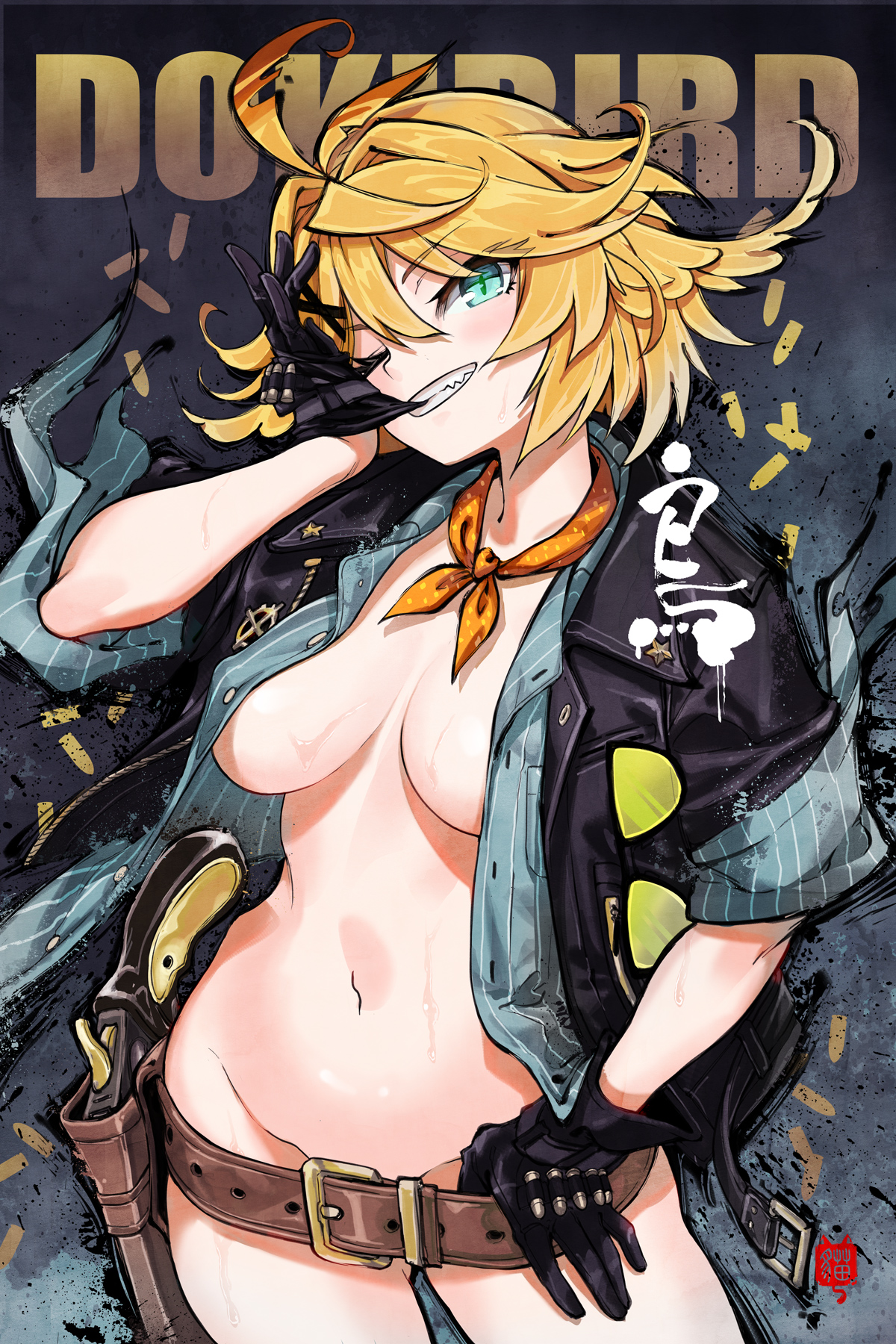 1girls, barely clothed, belly button, belt, belt buckle, belt only, biting, biting glove, blonde hair, blue eyes, bottomless, breasts, button down shirt, cleavage, convenient censoring, dokibird, dokibird (bounty hunter), glove, gun, holster, holstered weapon, indie virtual youtuber, jacket open, legs, midriff, navel, open jacket, robotcat, scarf, sexy, shirt open, short hair, sunglasses, sweat, teeth, thighs, virtual youtuber, vtuber