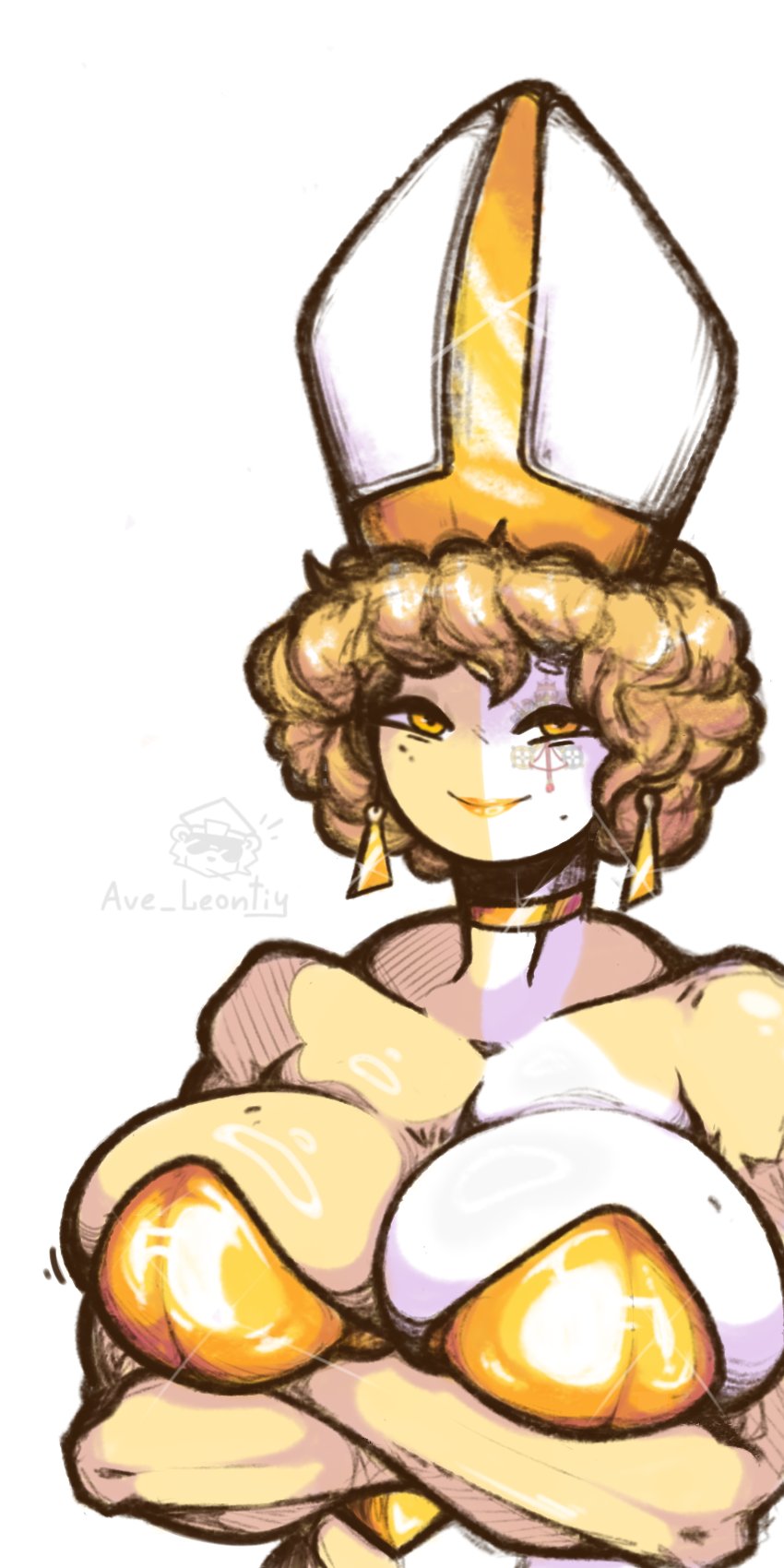 1girls, arms under breasts, ave duce, ave leontiy, blonde hair, breasts, choker, cleavage, clothing, countryhumans, countryhumans girl, crossed arms, earrings, female only, golden clothing, golden eyes, looking at viewer, not furry, pecs, religious headwear, vatican city (countryhumans), white body, yellow body