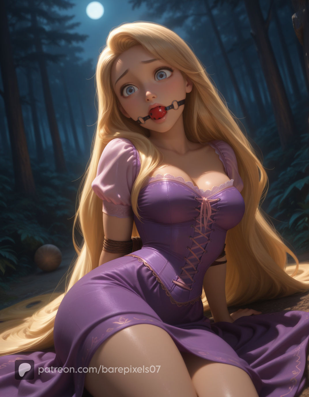 1girls, ai generated, arms behind back, artist name, ass, ball gag, barefoot, barepixels07, blonde hair, bondage, bound, bound arms, breasts, disney, disney princess, gag, gagged, green eyes, hi res, light-skinned female, long hair, looking at viewer, makeup, medium breasts, natural breasts, outdoors, patreon username, pink dress, rapunzel (tangled), slim waist, solo, tangled, thighs, tied arms, tied up, very long hair
