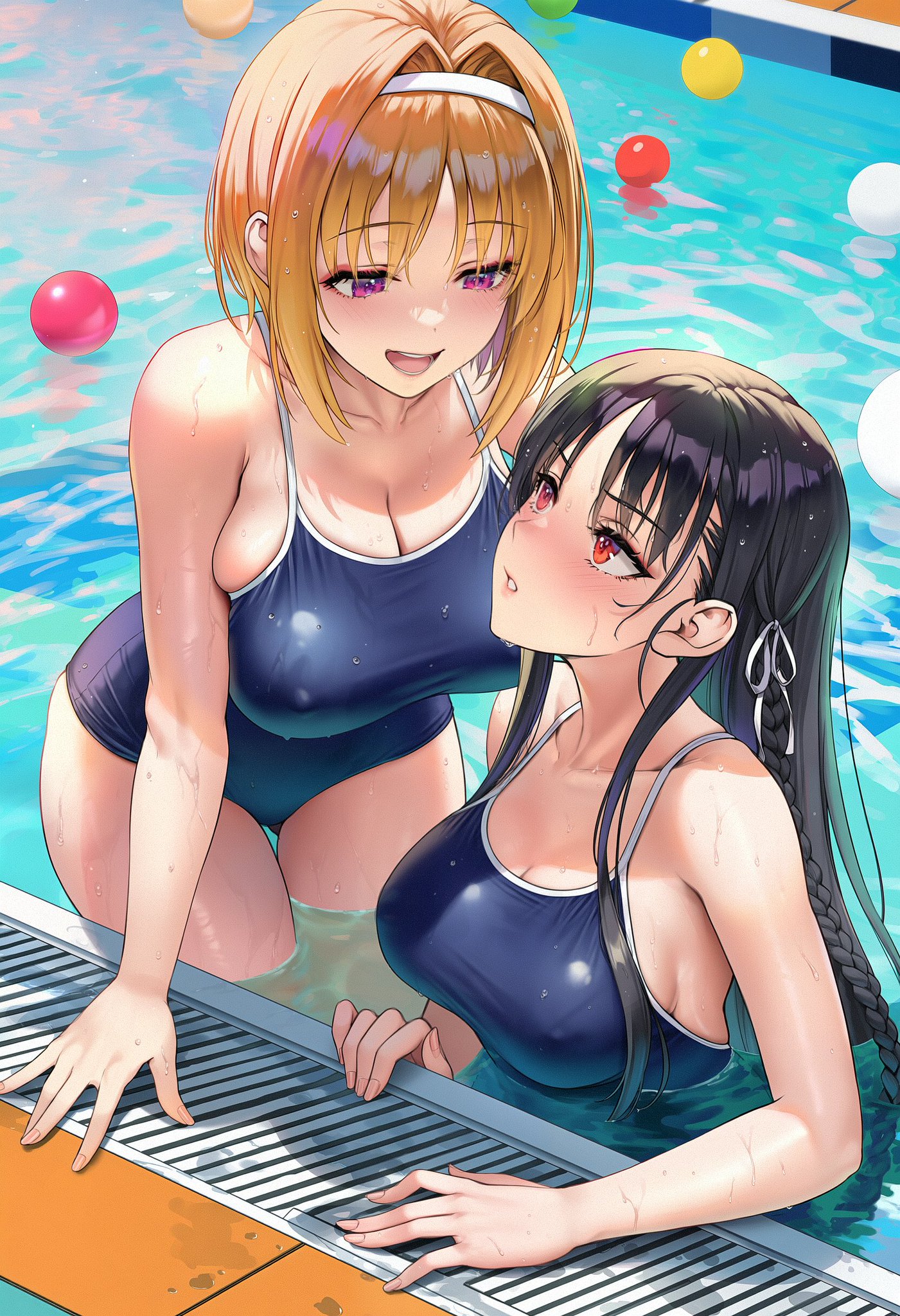 2girls, ai assisted, ai generated, big breasts, black, black hair, classroom of the elite, female only, female with female, horikita suzune, in pool, kushida kikyou, one piece swimsuit, pool, poolside, purple eyes, red eyes, swimsuit, voidbunny, water on body, yellow hair, yuri