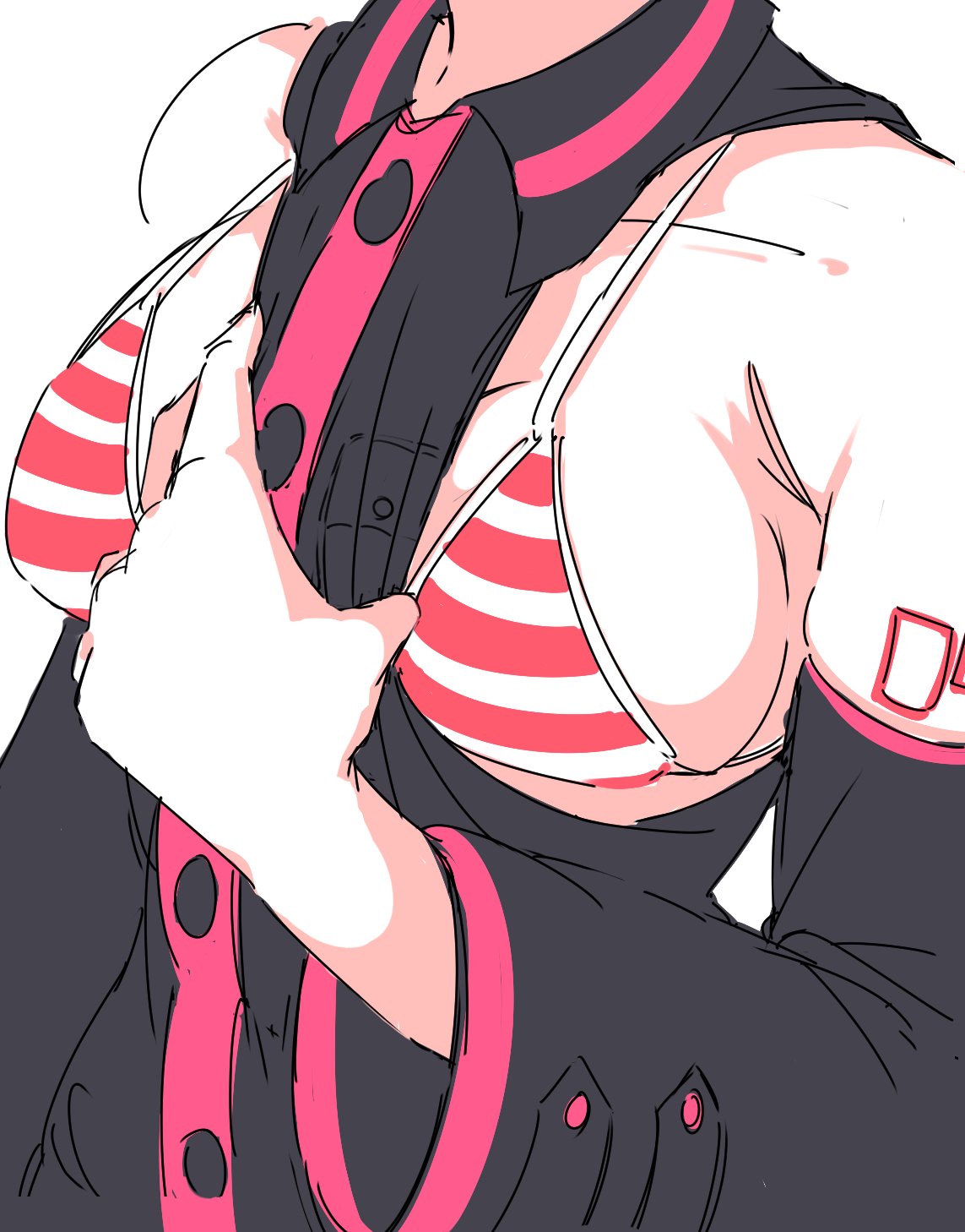 1girls, 2d, 2d (artwork), arm tattoo, armpit crease, big breasts, bikini, bikini top, breasts, breasts focus, breasts out, chest focus, clothed, clothed female, clothing, detached sleeves, face out of frame, female, female only, flashing, flashing breasts, fully clothed, head out of frame, kasane teto, large breasts, offscreen female, oshijuu748, out of frame, out of frame female, shirt pull, showing breasts, solo, solo female, striped bikini, tattoo, utau