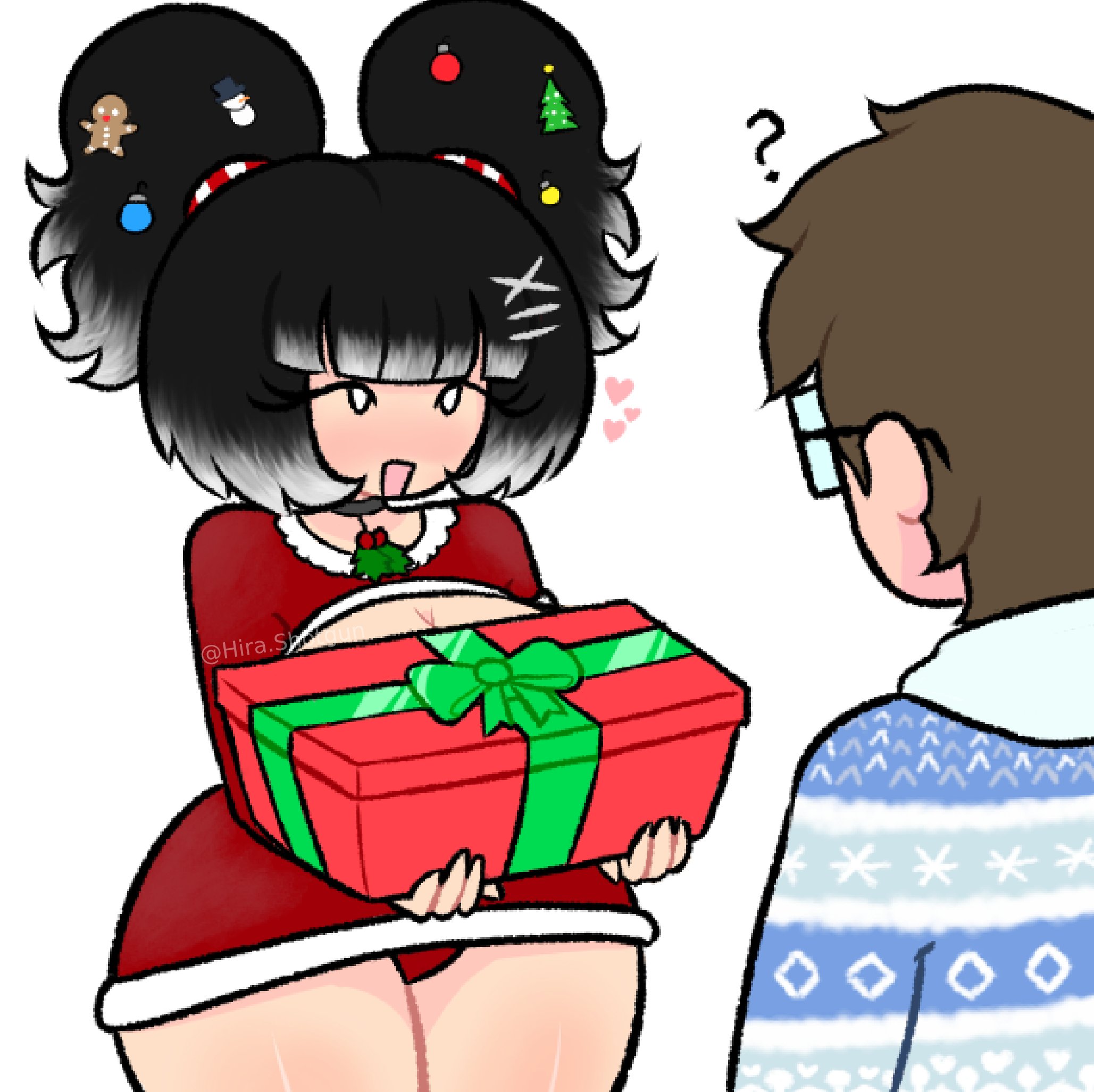 1boy, 1boy1girl, 1female, 1female1male, 1girls, 2d, 2d (artwork), 2d artwork, asian, asian female, back view, black hair, blush, blushing at partner, blushing female, breasts in box, brown hair, brown hair male, brunette hair, brunette male, christmas, christmas clothing, christmas decorations, christmas decorations on hair, christmas headwear, christmas outfit, color, digital drawing (artwork), digital media (artwork), front view, gift, gift box, giving gift, glasses, headwear, heart, heart symbol, hearts around head, hira.shotgun, kimchi (hira.shotgun), light skin, light-skinned female, light-skinned male, looking at partner, nerd, nerd (hira.shotgun), panty peek, question mark, shiny, shiny skin, shiny thighs, simple background, thick thighs, thighs, white background, white hair, white tips
