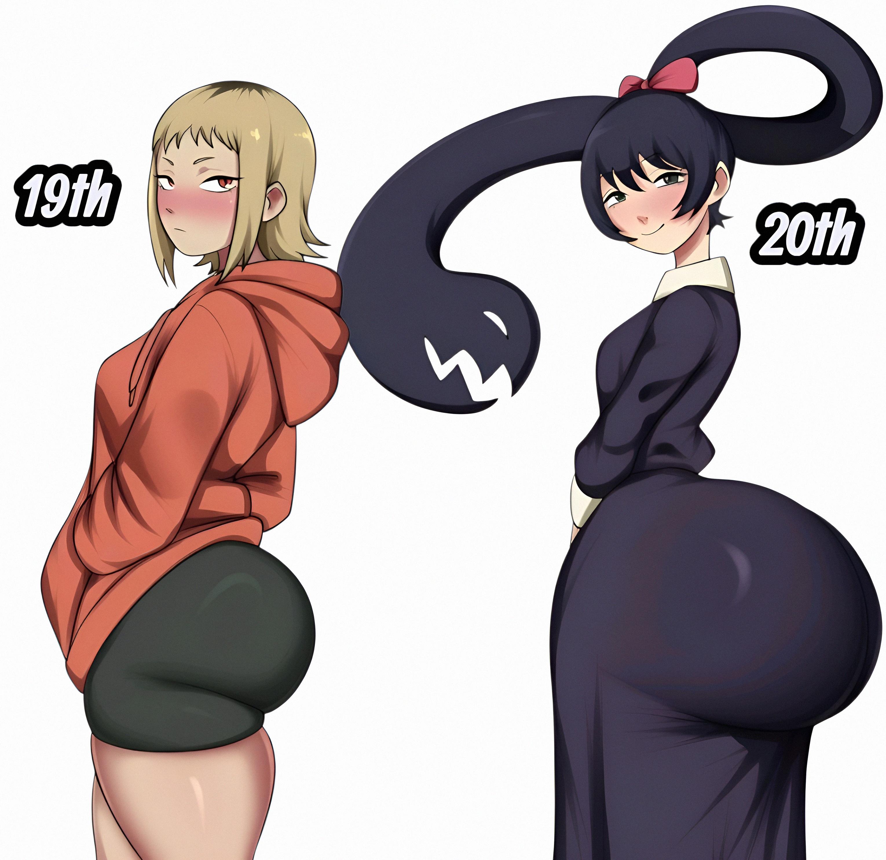 2girls, ai generated, artist request, ass, ass comparison, ass focus, big ass, breasts, breasts comparison, bubble butt, chainsaw man, different ass sizes, different breast sizes, dumptruck ass, enormous ass, fat ass, gigantic ass, huge ass, hyper, hyper ass, massive ass, medium breasts, pingtsi (chainsaw man), popularity contest, round ass, sawatari akane, side view, small breasts, thick, thick ass, thick thighs, thighs, voluptuous, voluptuous female, wide hips