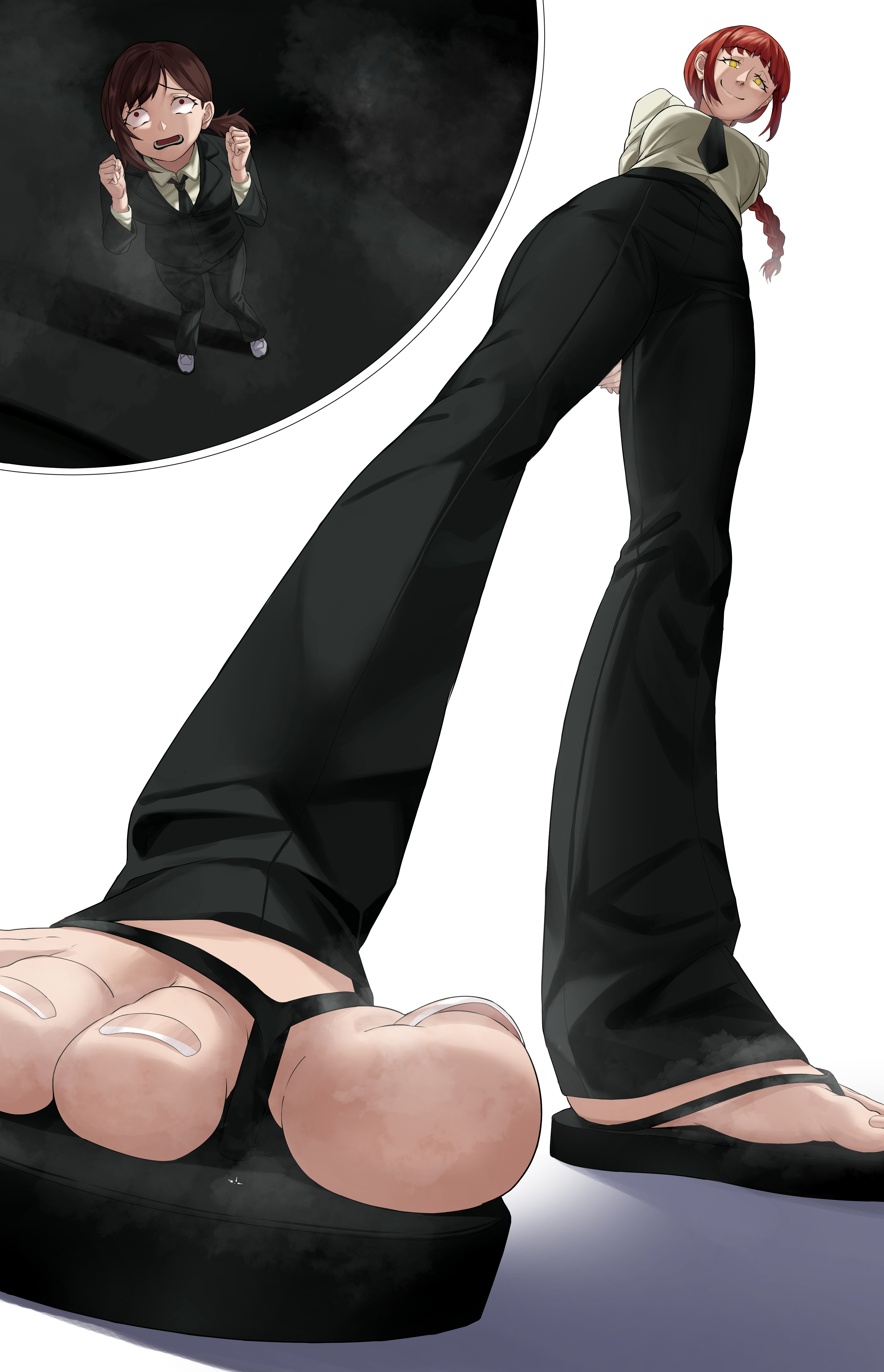 2girls, big woman, chainsaw man, feet, foot fetish, giant woman, giantess, higashiyama kobeni, karnalface, kobeni higashiyama, makima (chainsaw man), red hair, sandals, sweat, tiny female, toes
