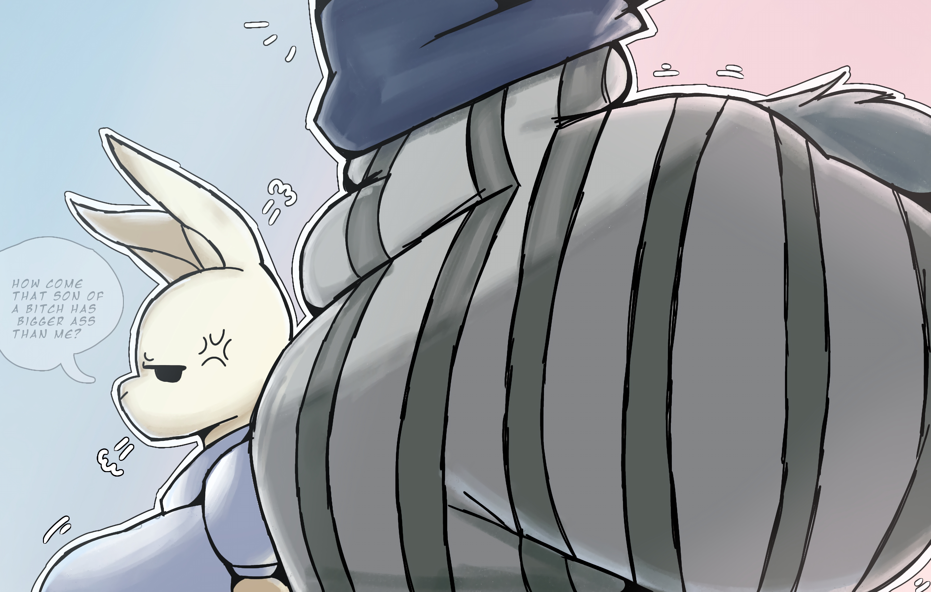 1boy, 1girls, 2025, angry expression, angry face, anthro, ass, ass bigger than head, background, beastars, big ass, big booty, big breasts, bubble ass, bubble butt, bunny girl, butt focus, english text, fat butt, femboy on female, haru (beastars), humanoid, jealous, legoshi (beastars), lolbear 9, looking at another, pants, simple background, small penis, sweaty butt, thicc ass, thick ass, uniform, wolf tail