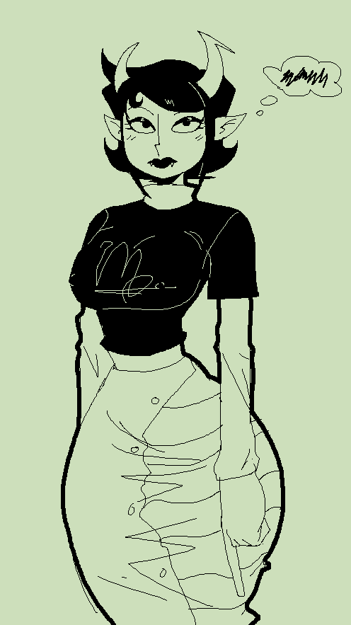 1girl, alien girl, alien humanoid, annoyed, big breasts, black hair, breasts, clothed, fangs, female, female only, homestuck, horns, kanaya maryam, makeup, monochrome, pointy ears, short hair, simple background, solo, solo female, standing, tagme, thought bubble, tiny waist, troll, wide hips, ykujo