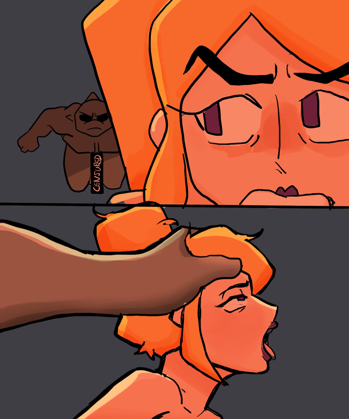 1girl, 2 panel comic, ahegao, anthro, big breasts, blonde hair, breasts, censored, close up, comic, fanart, female, flappers (gameoverse), furry, gameoverse, hair grab, hair pull, interspecies, melonmiloc, meme, miss information (gameoverse), nude, open mouth, profile view, short hair, straight, surprised, tongue out, topless