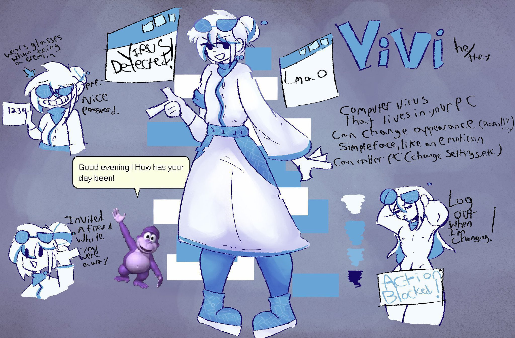 1male, blue glasses, bonzi buddy, character sheet, computer virus, computer virus (species), male only, poodleskapoodle, tagme, vivi virus