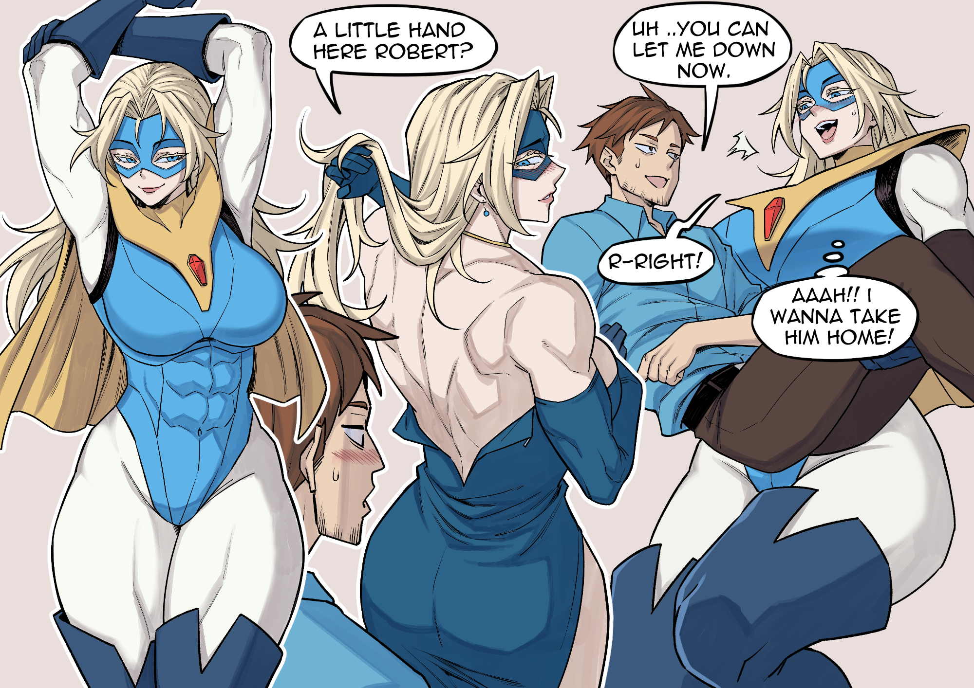 1boy, abs, armpits, ass, back muscles, blonde blazer, blonde hair, blue eyes, blue mask, boots, breasts, broad shoulders, brown hair, cape, carrying, commentary, dispatch (game), domino mask, english commentary, english text, eye mask, female, gloves, highres, inset, large breasts, long hair, looking at another, mask, muscular, muscular female, peach88, princess carry, robert robertson, superhero costume, text, thigh boots, yellow cape