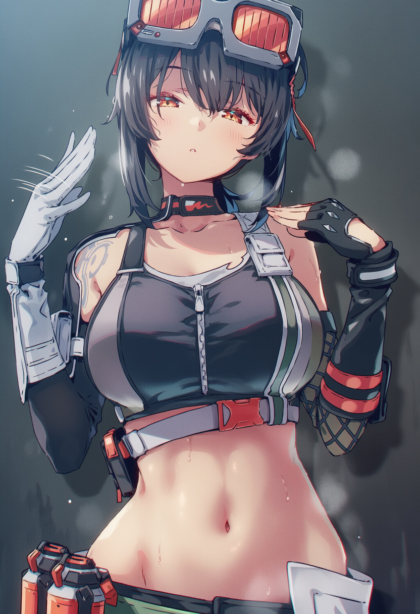1girls, ai generated, bare shoulders, belly button, big breasts, black hair, choker, crop top, curvy, fanning self, female, fingerless glove, gloves, goggles, grace howard, grenade, grenades, hoyoverse, mechanic, midriff, mihoyo, navel, raaicave, solo female, sweat, sweating, tattoo, tattoo on shoulder, tattooed shoulder, tied hair, voluptuous, voluptuous female, zenless zone zero, zzz