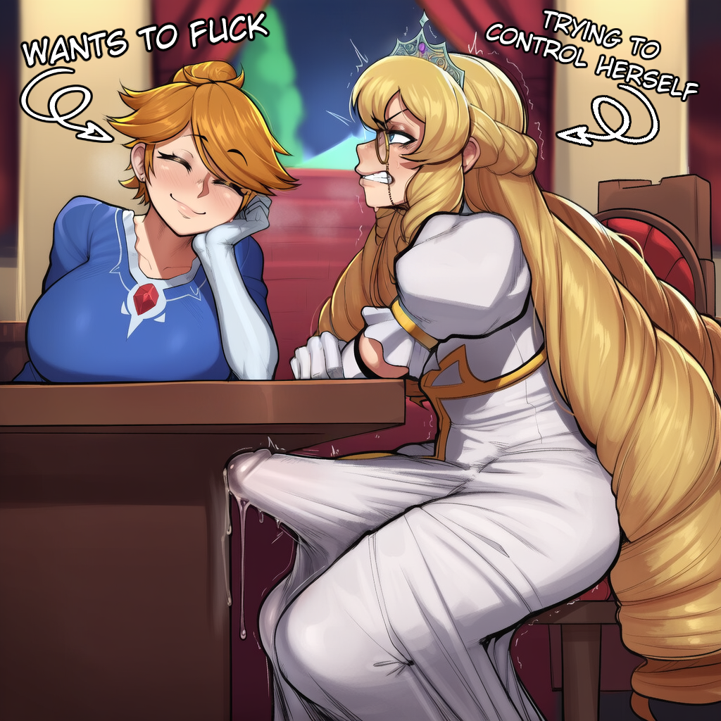 1futa, 1girls, ai generated, annoyed, blonde hair, blush, breasts, bulge, chair, charlotteanon, clenched teeth, closed eyes, dress, drill hair, elbow gloves, english text, erection, erection under clothes, futa with female, futanari, gloves, green eyes, hair bun, indoors, jewelry, large breasts, long hair, monocle, multiple girls, no nut november, orange hair, penis, precum, precum through clothing, princess, princess charlotte (charlotteanon), puffy short sleeves, puffy sleeves, royalty, short hair, short sleeves, single hair bun, sitting, smile, table, teeth, tiara, trembling, twitching penis, white dress, white gloves