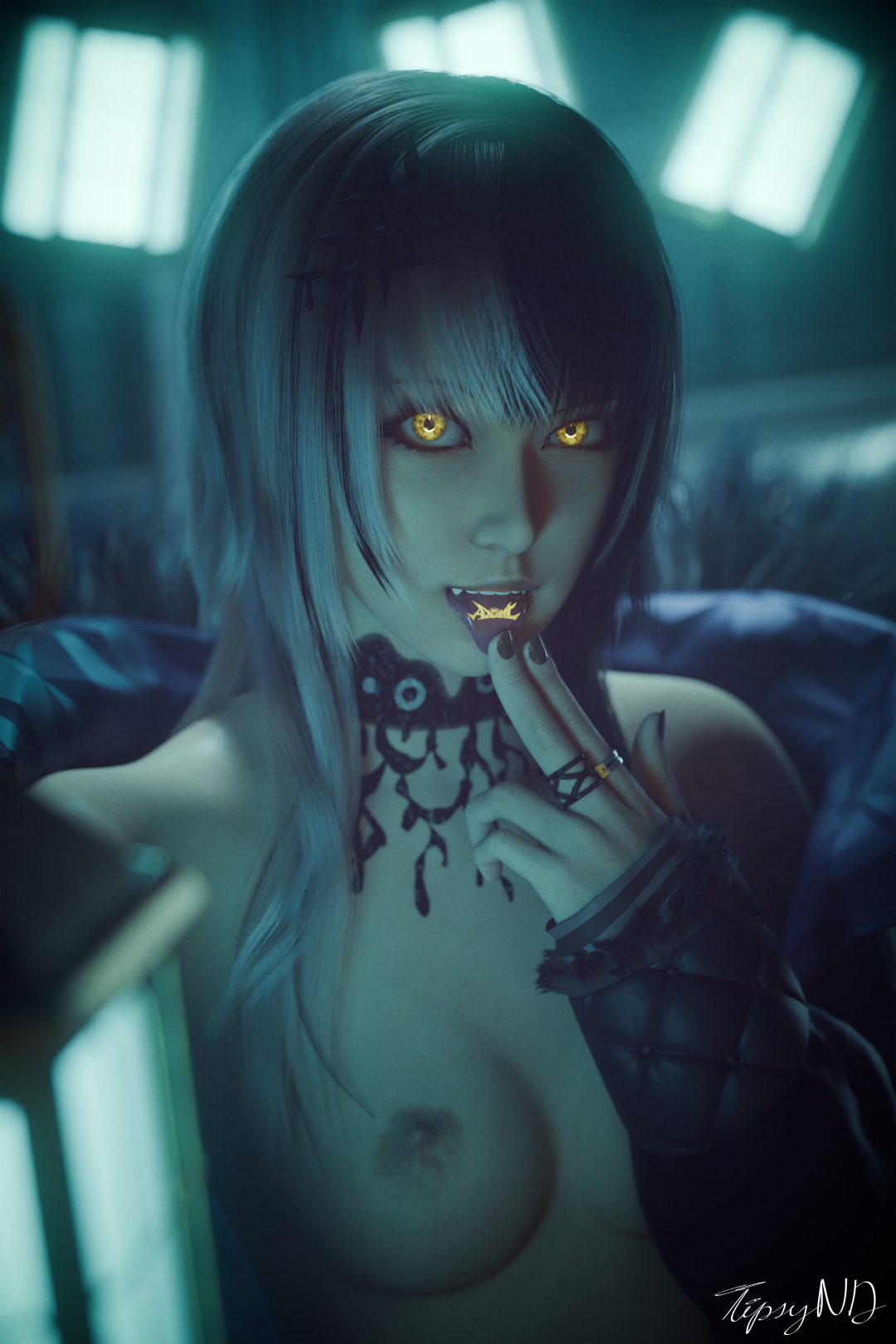 3d, black white hair, blender, fur coat, glowing eyes, goth, hololive, hololive advent, hololive english, shiori novella, split hair colors, tipsynd, tongue out, tongue tattoo, virtual youtuber, yellow eyes